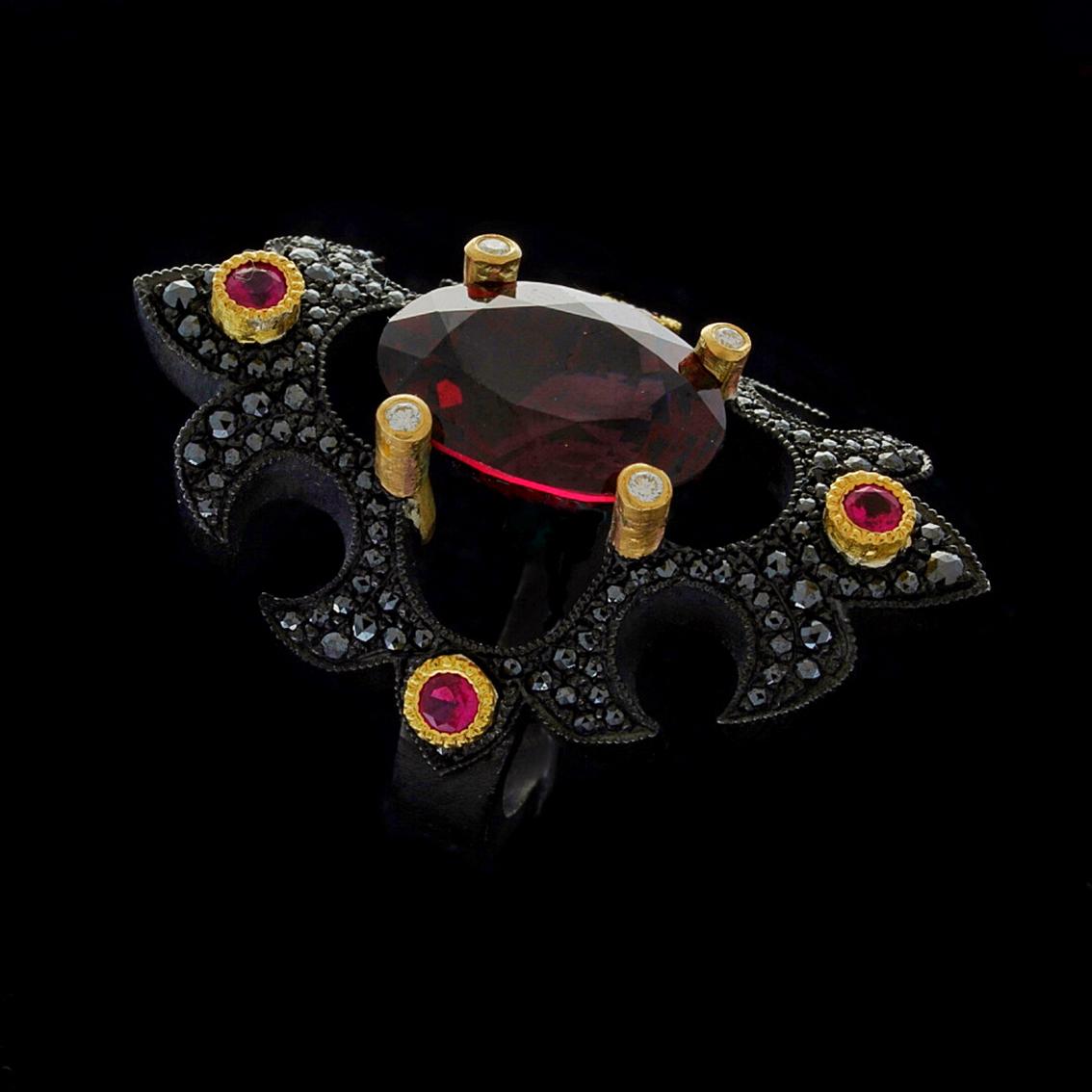 Byzantine Eleusinian Princess Ring Rhodolite Garnet, Rubies, Black and White Diamonds