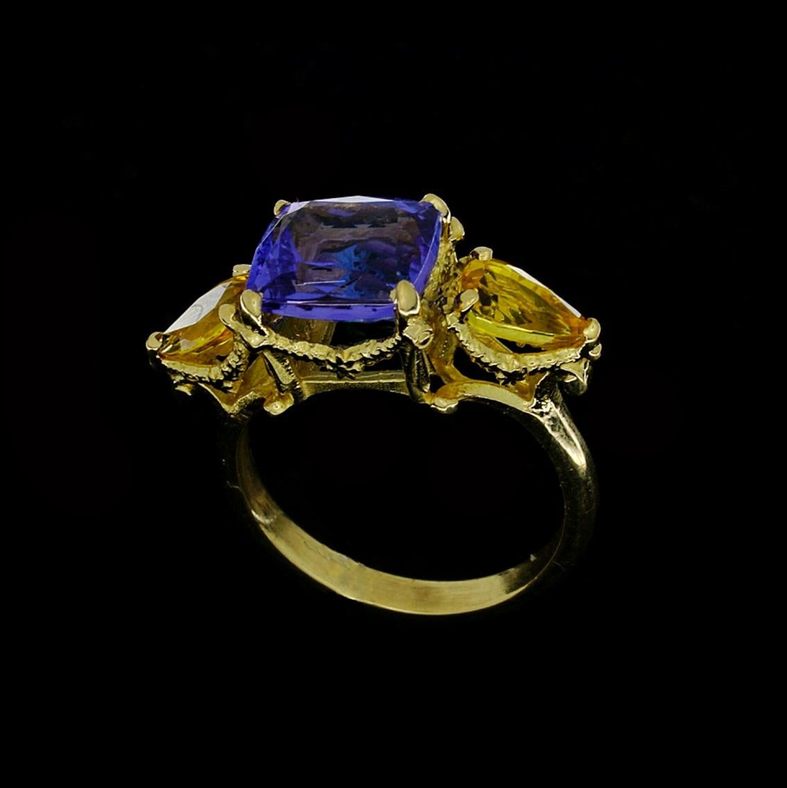 Starry Night Ring in 18 Karat Yellow Gold, Tanzanite and Yellow Sapphires 1