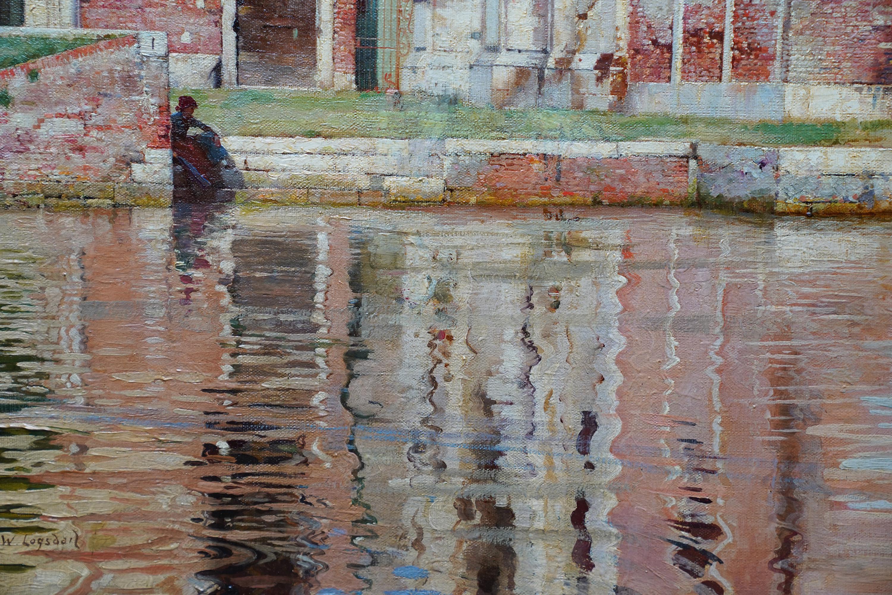 Questo splendido dipinto a olio di Venezia, esposto dalla Fine Art Society britannica del XIX secolo, è opera del noto artista William Logsdail. Il dipinto risale al 1885 circa, quando Logsdail visitò Venezia nel 1880 e vi rimase per 20 anni,