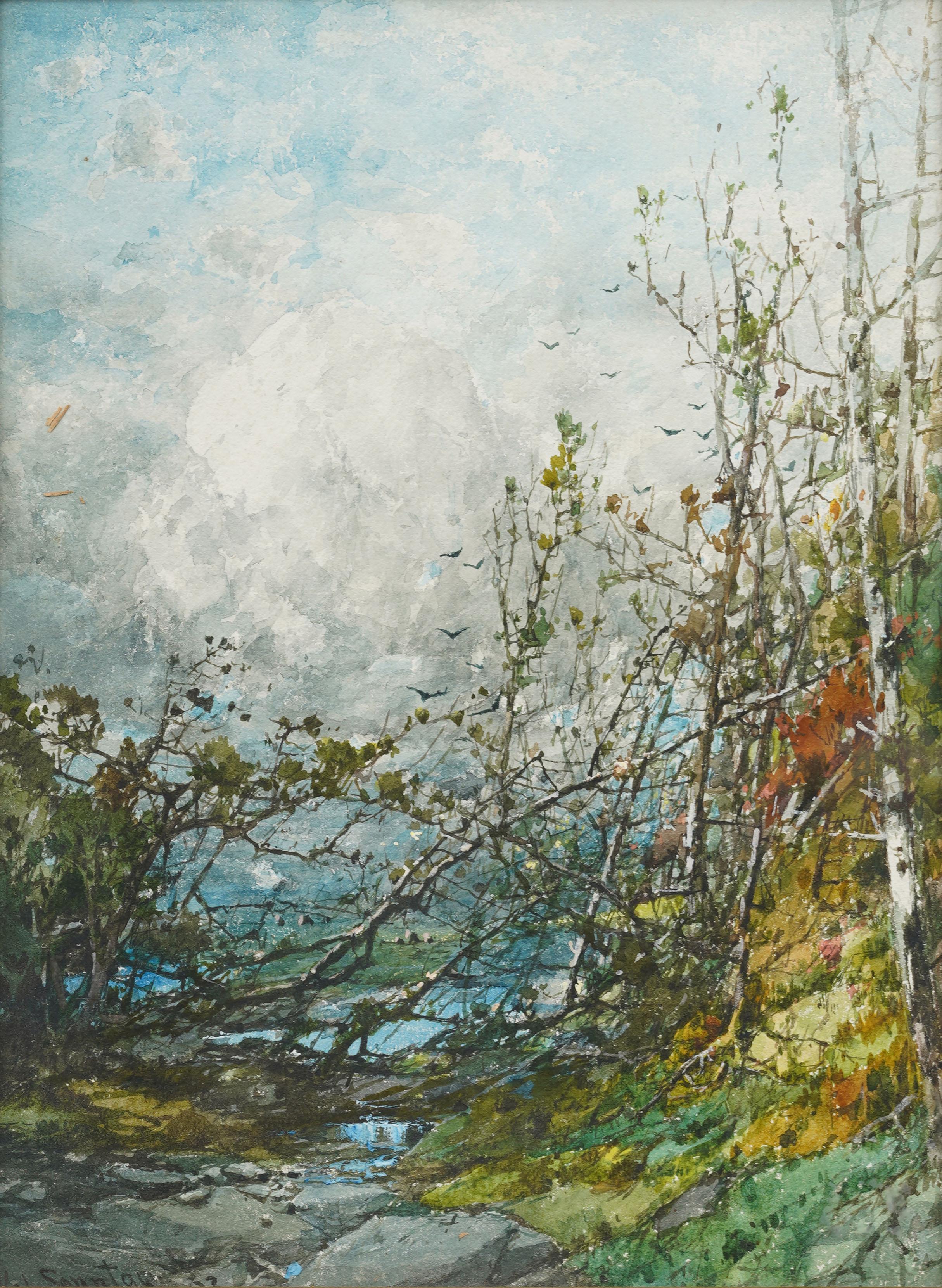 Antique Hudson River School landscape painting by William Louis Sonntag, Sr. (1822 - 1900). Watercolor and gouache on board. Framed. Signed.  Measuring: 13 by 17 inches overall, and 10 by 13 painting alone.  In excellent original condition.