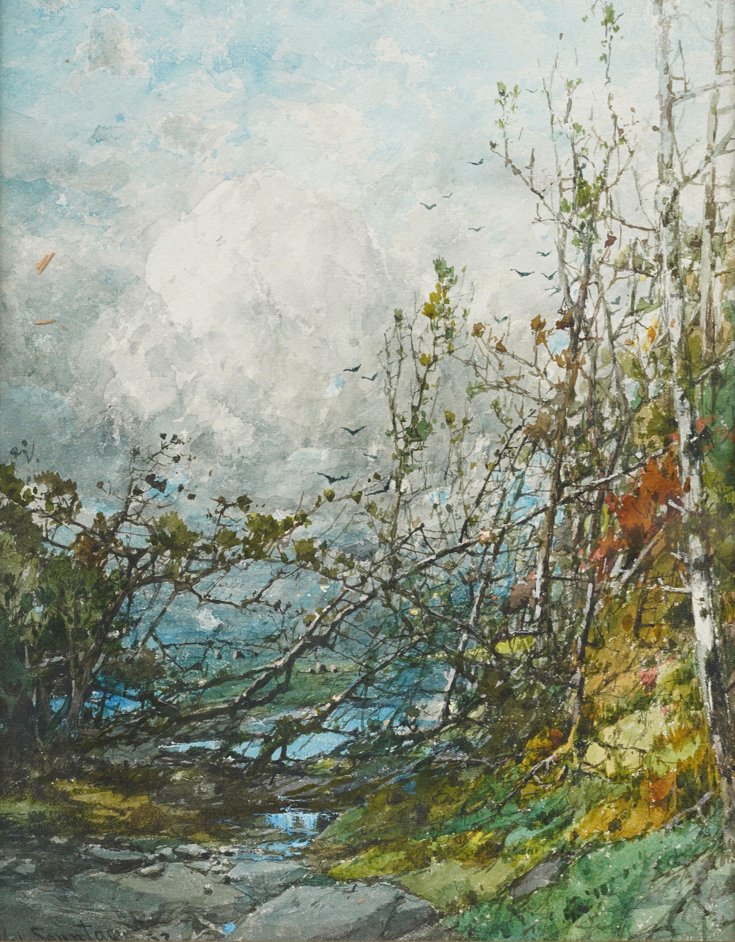Antique American Hudson River School Framed Landscape Signed Original Painting For Sale 1