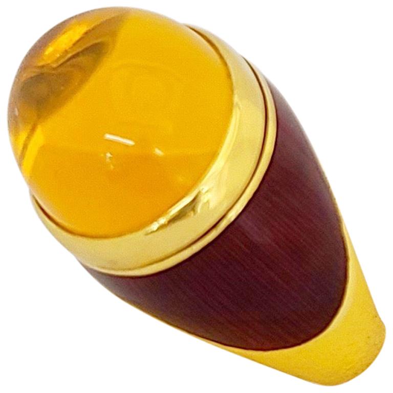 William Lowe 18 Karat Yellow Gold Red Enamel and Citrine Oval Cabachon Ring For Sale