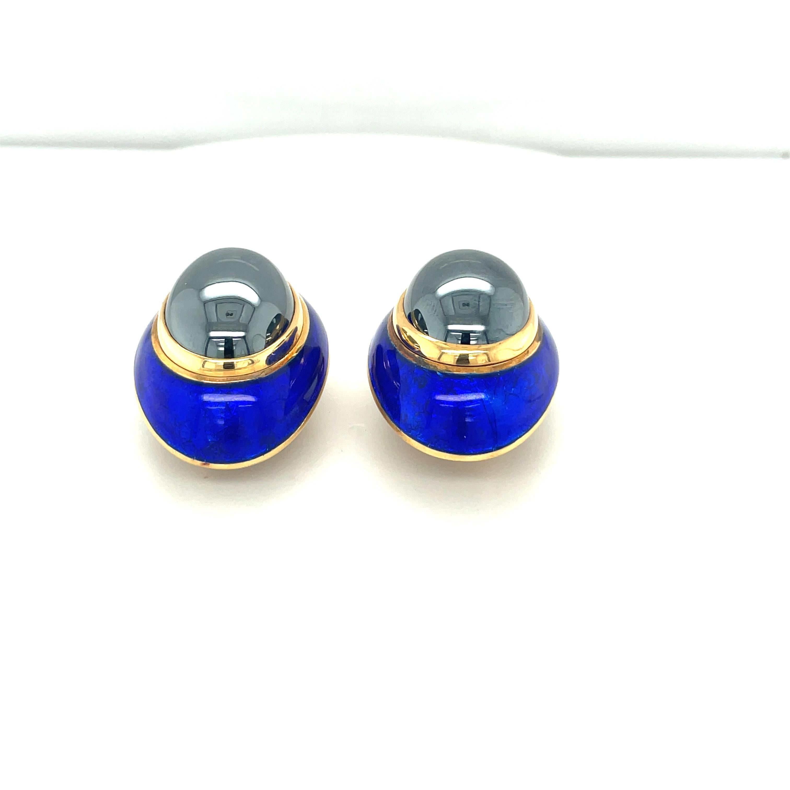 Cabochon William Lowe 18kt Yellow Gold Blue Enamel and Hematite Earrings