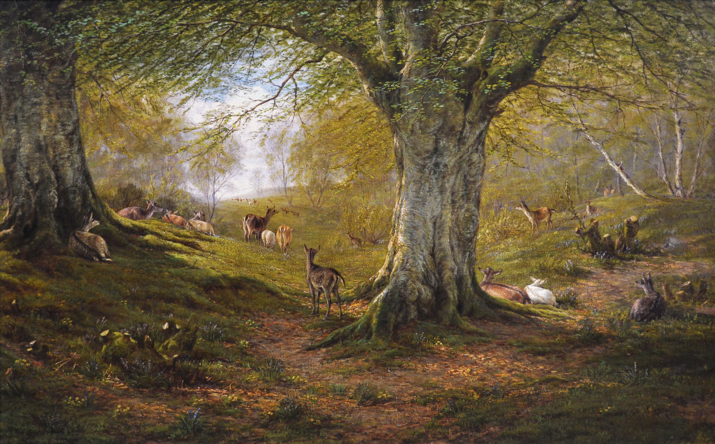 19th Century landscape oil painting of deer in a wood - Painting by William Luker Sr.