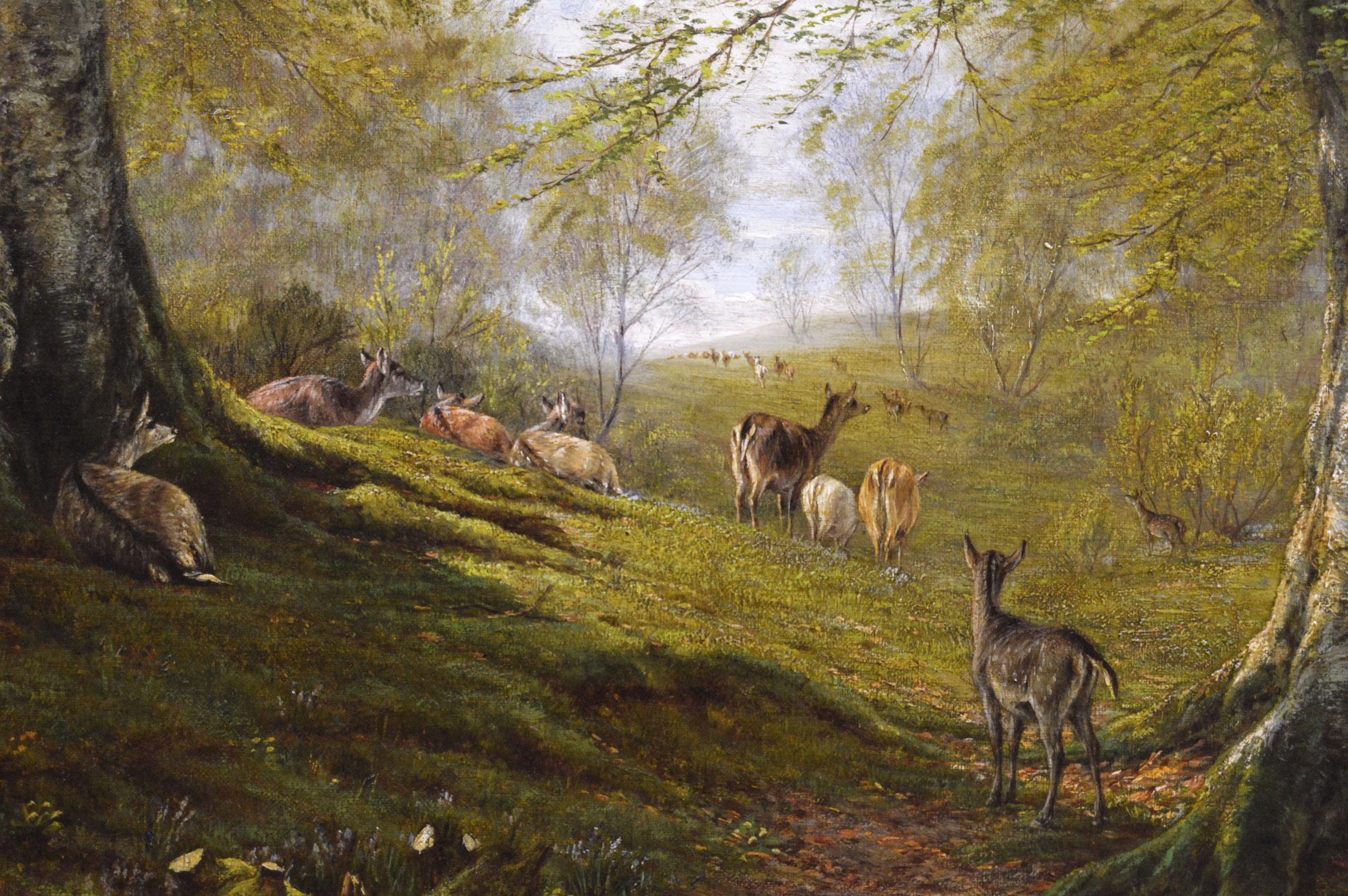 19th Century landscape oil painting of deer in a wood - Victorian Painting by William Luker Sr.