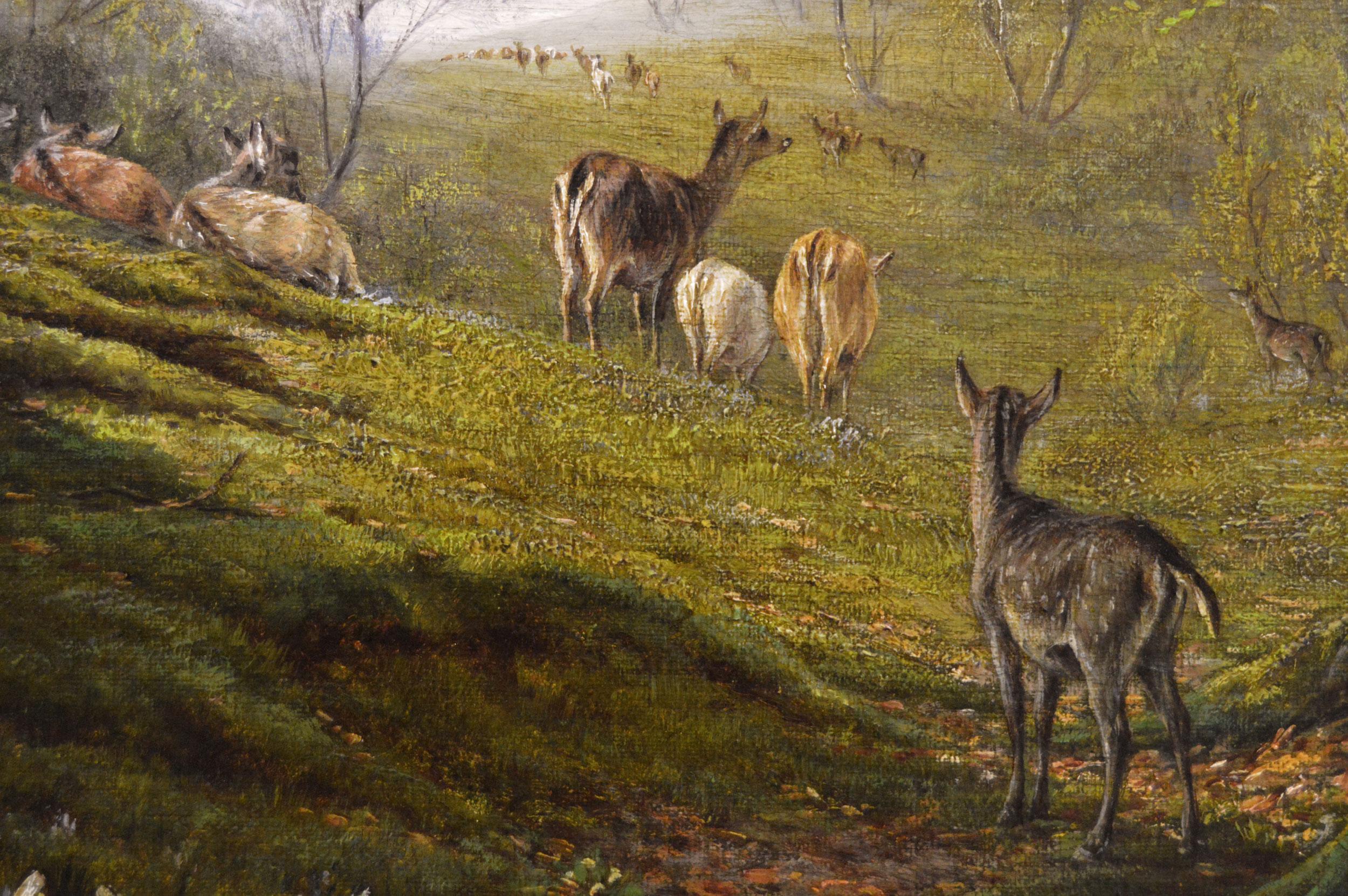 19th Century landscape oil painting of deer in a wood - Brown Animal Painting by William Luker Sr.