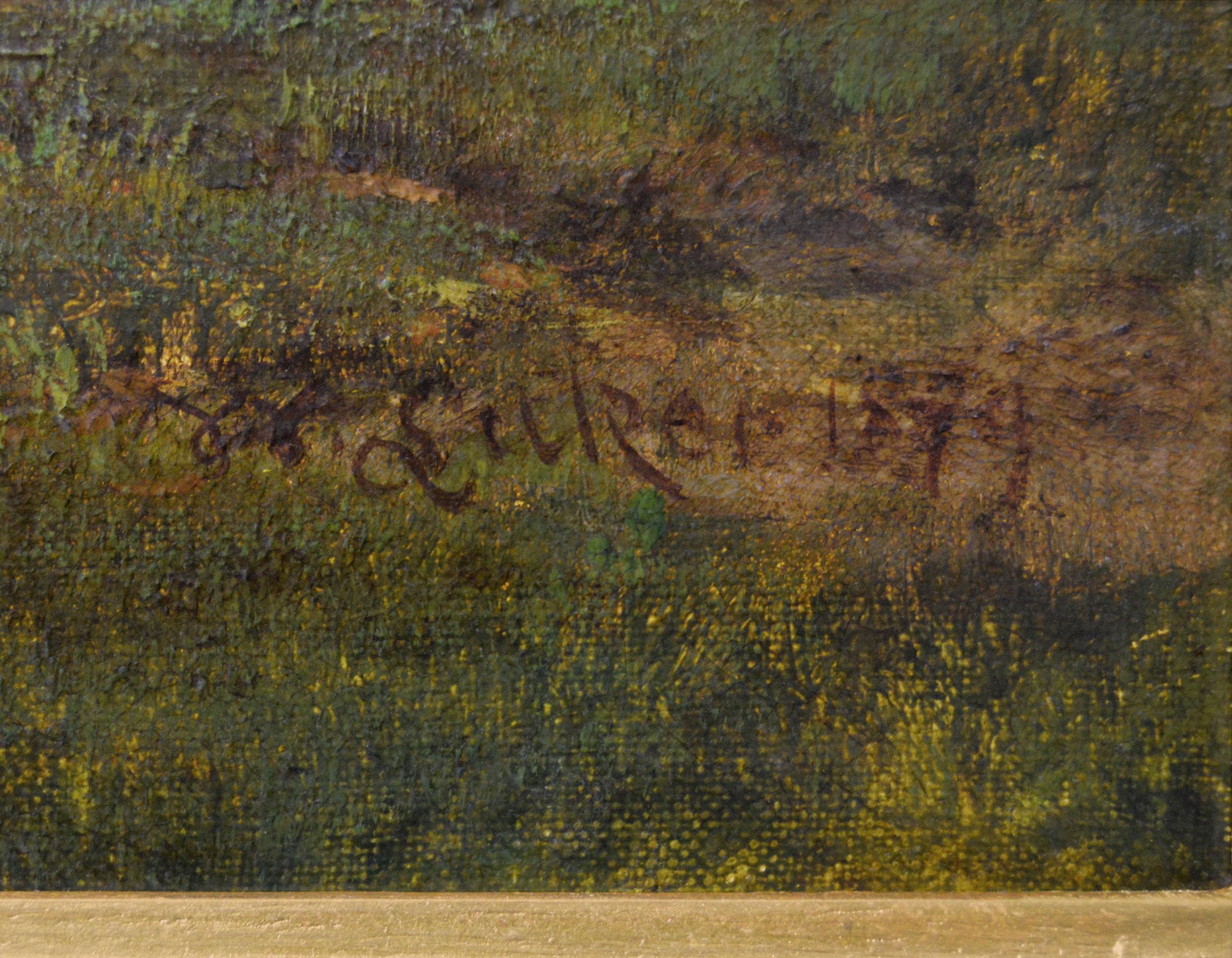 19th Century landscape oil painting of deer in a wood For Sale 1