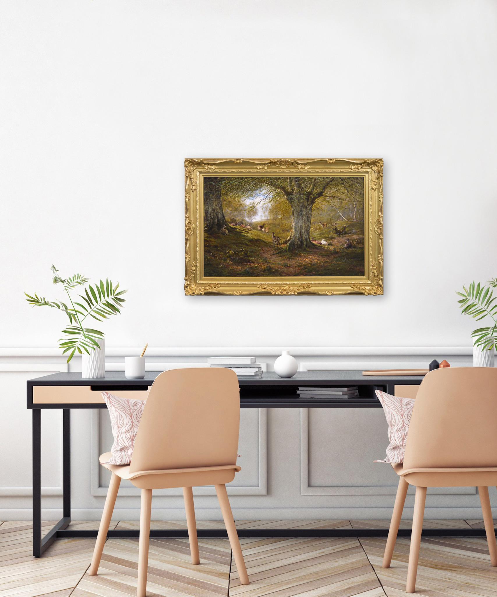 19th Century landscape oil painting of deer in a wood For Sale 3