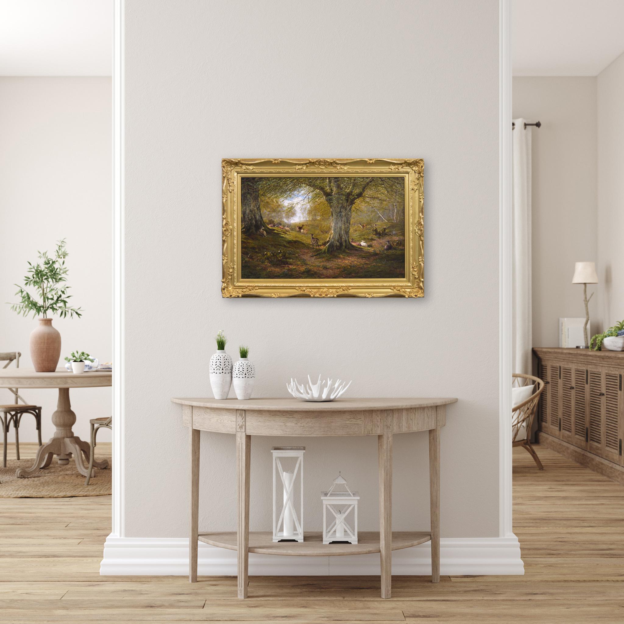 19th Century landscape oil painting of deer in a wood For Sale 4