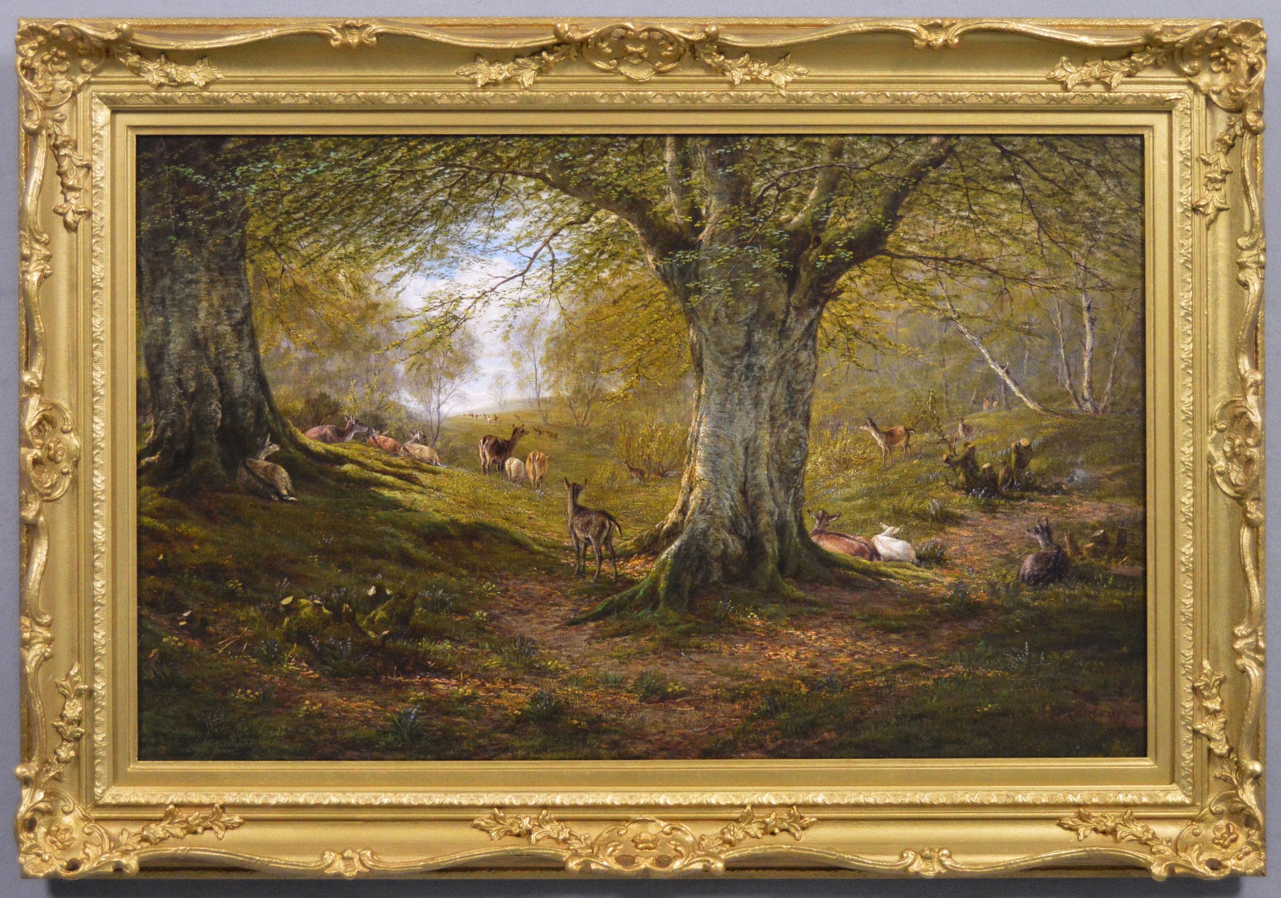William Luker Sr. Animal Painting - 19th Century landscape oil painting of deer in a wood