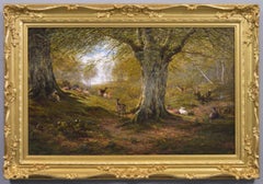 19th Century landscape oil painting of deer in a wood