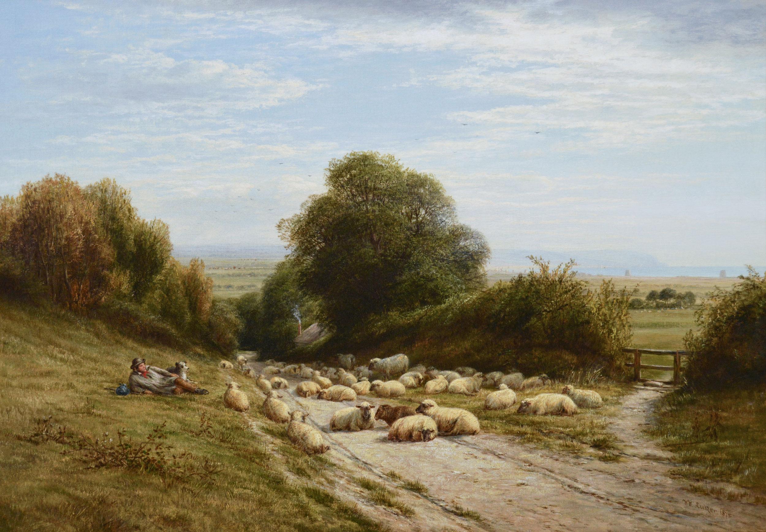 19th Century landscape oil painting of sheep in a Sussex lane  - Painting by William Luker Sr.