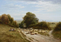 19th Century landscape oil painting of sheep in a Sussex lane