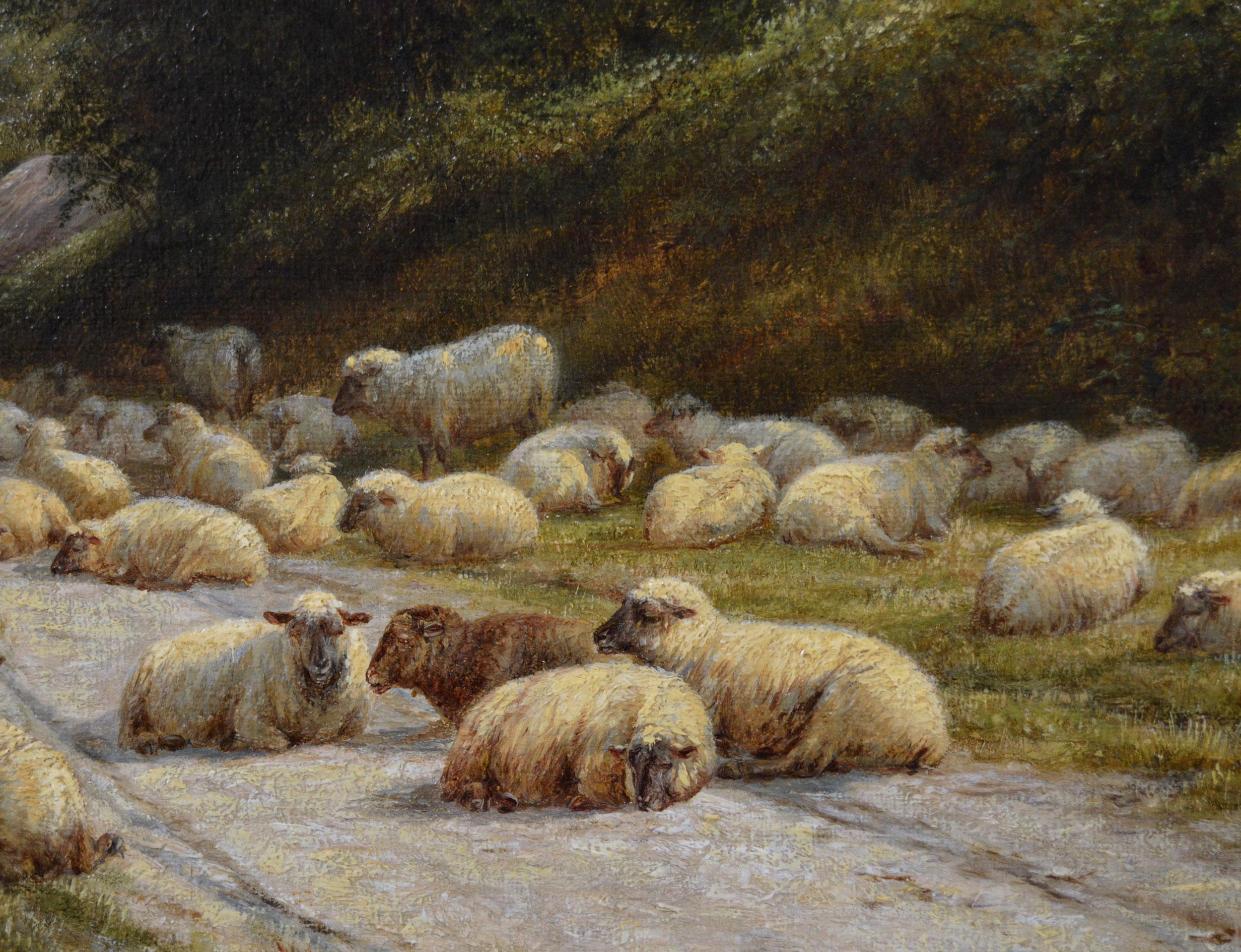 19th Century landscape oil painting of sheep in a Sussex lane  - Victorian Painting by William Luker Sr.