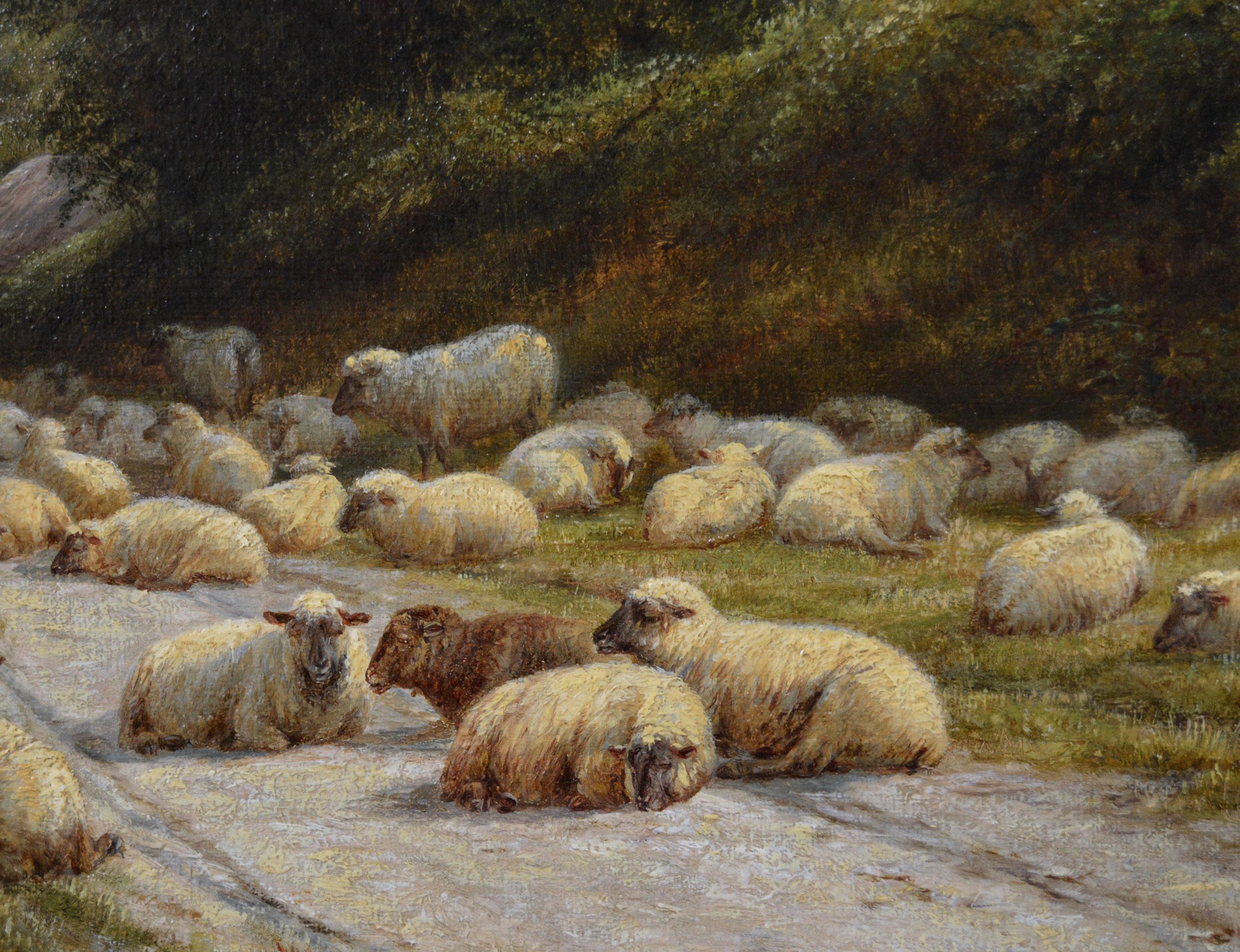 19th Century landscape oil painting of sheep in a Sussex lane - Victorian Painting by William Luker Sr.