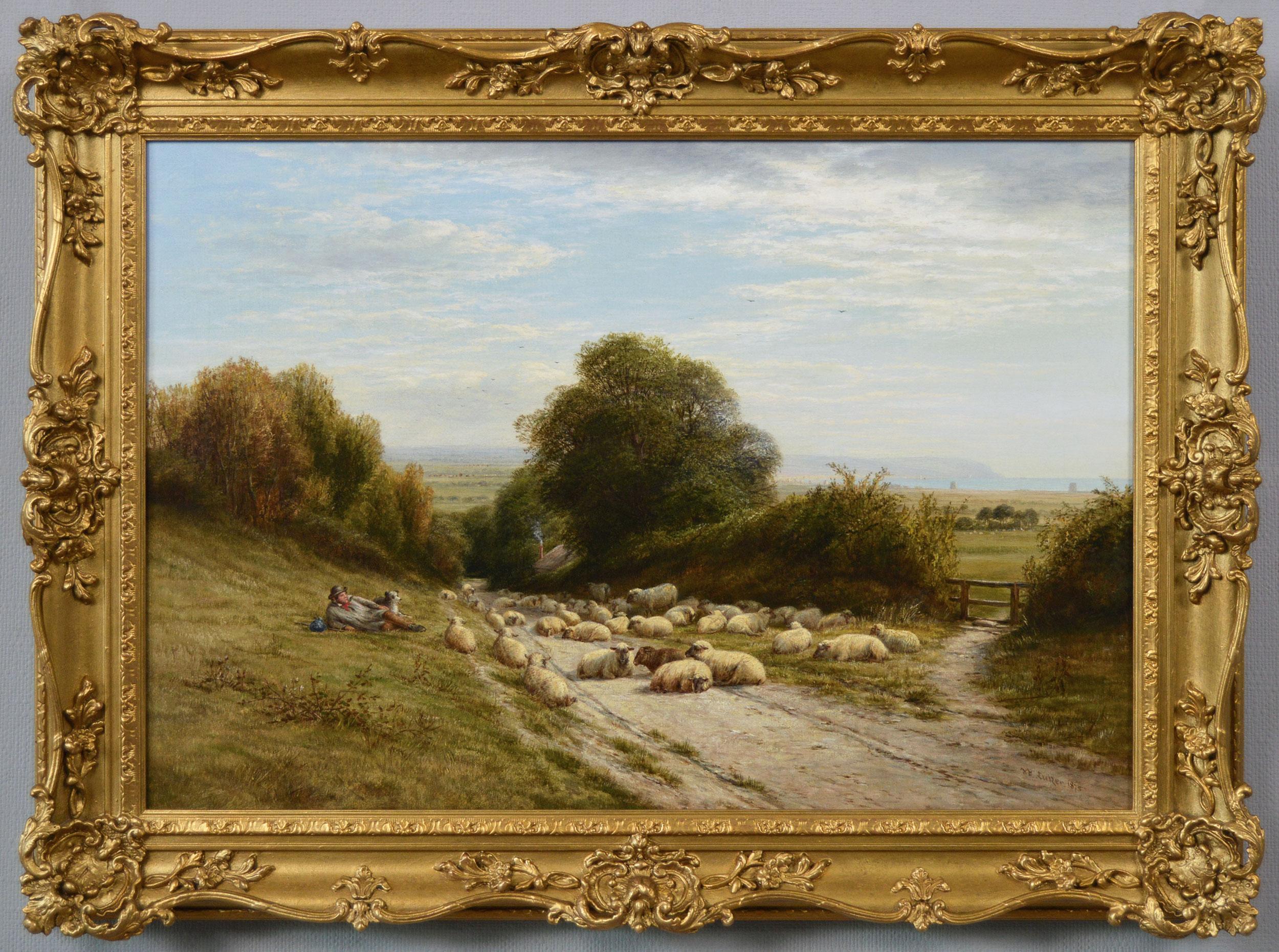 19th Century landscape oil painting of sheep in a Sussex lane 