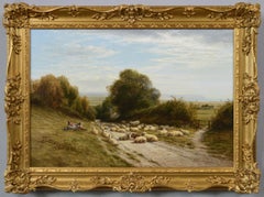19th Century landscape oil painting of sheep in a Sussex lane