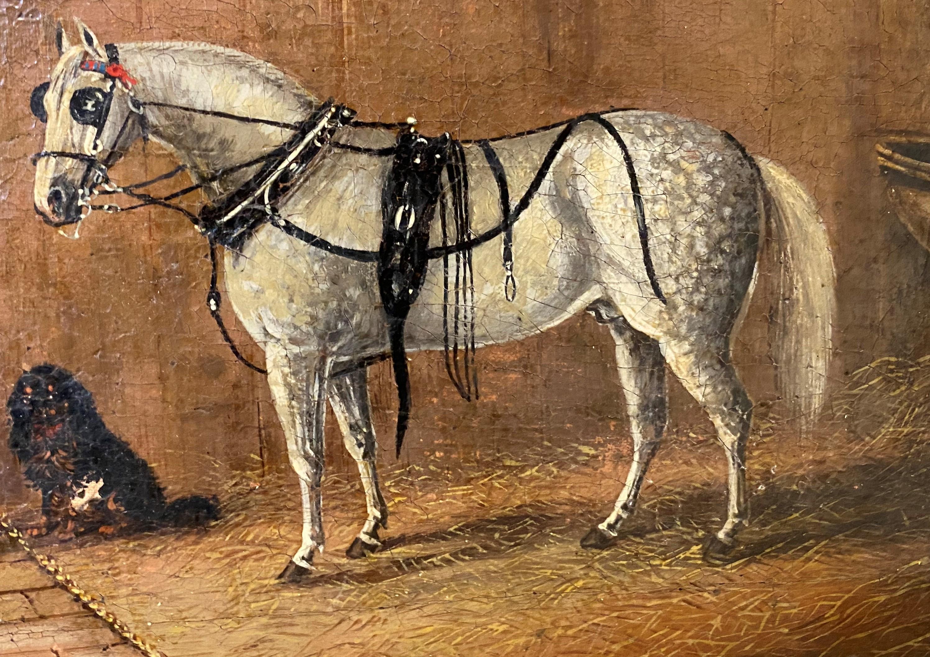 A fine oil painting with a horse, gentleman, and dog by English artist W.M. Fellows (19th c). Oil on canvas, unsigned, title inscribed “St. James” lower center, with Kennedy Galleries (NY) labels on verso which reads “Horses, St. James, 1825, comp.
