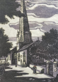 Church Parish, Barnstaple, impression à l'encre des années 1930, artiste anglais du 20e siècle