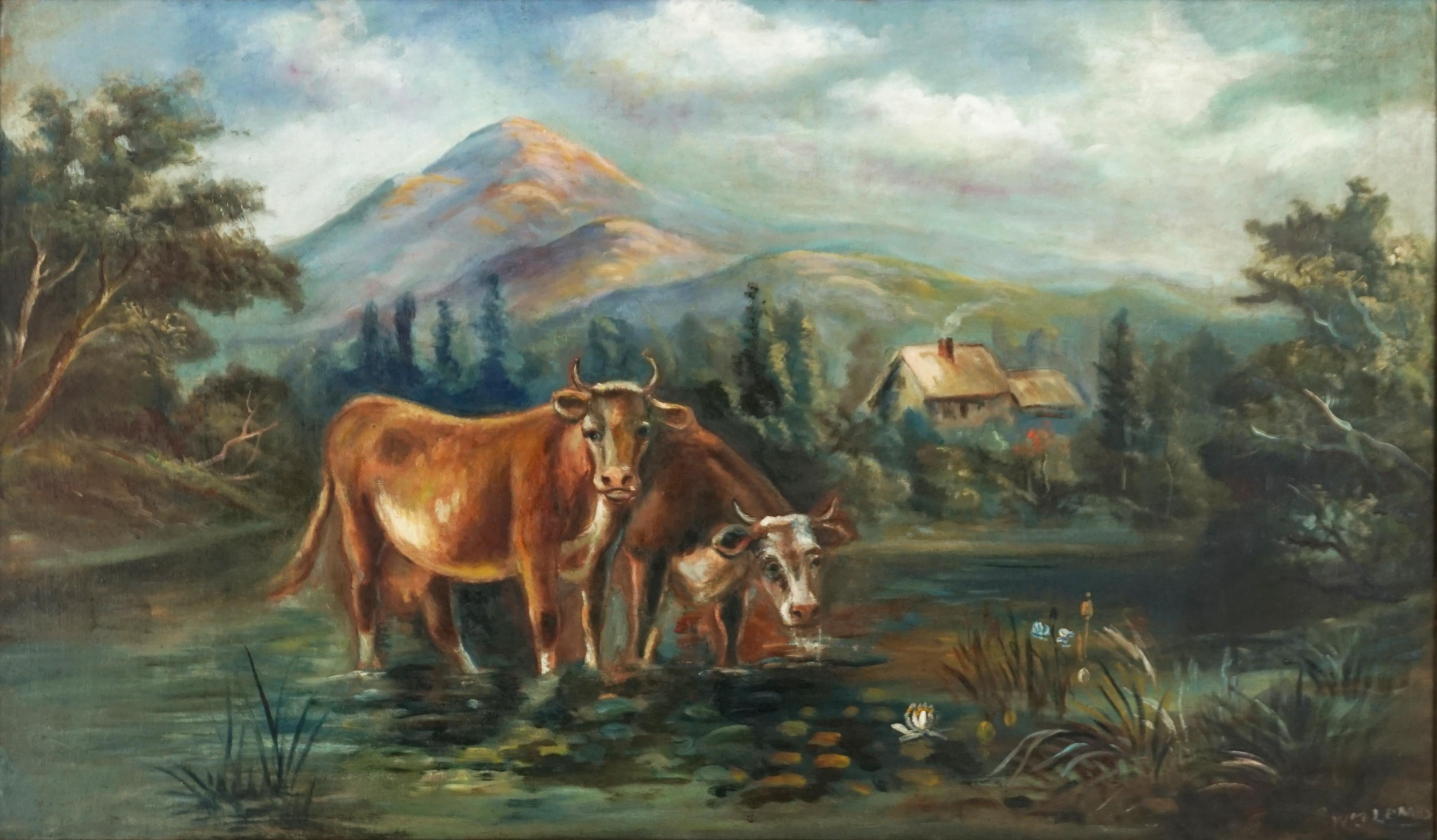 Pintura al óleo a gran escala de principios del siglo XX Paisaje bucólico del monte Hood - Painting de William M. Lemos