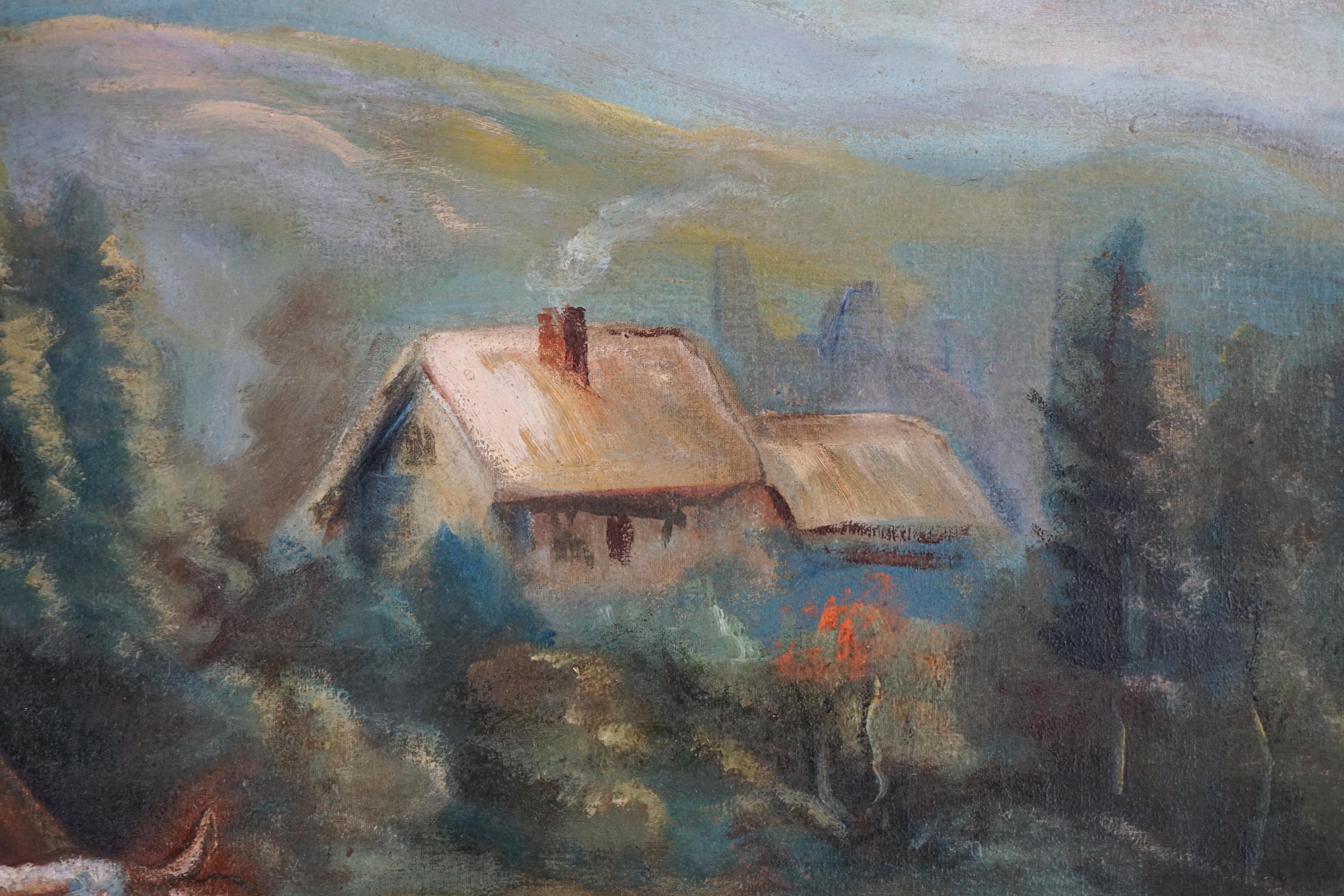 Große bukolische Mt. Hood-Landschaft des frühen 20. Jahrhunderts (Schwarz), Landscape Painting, von William M. Lemos
