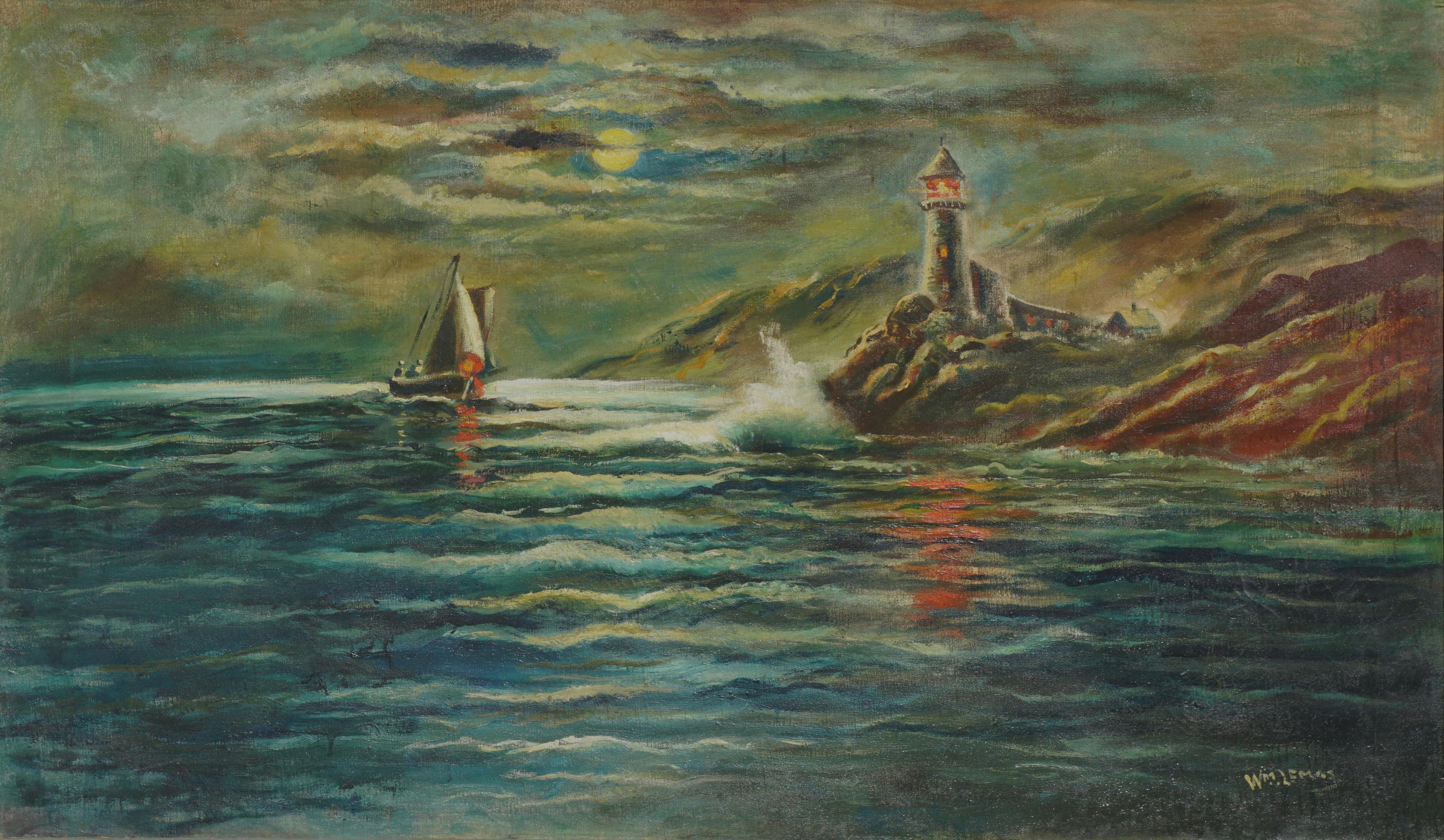 Nocturnal Pigeon Point Lighthouse - Painting by William M. Lemos