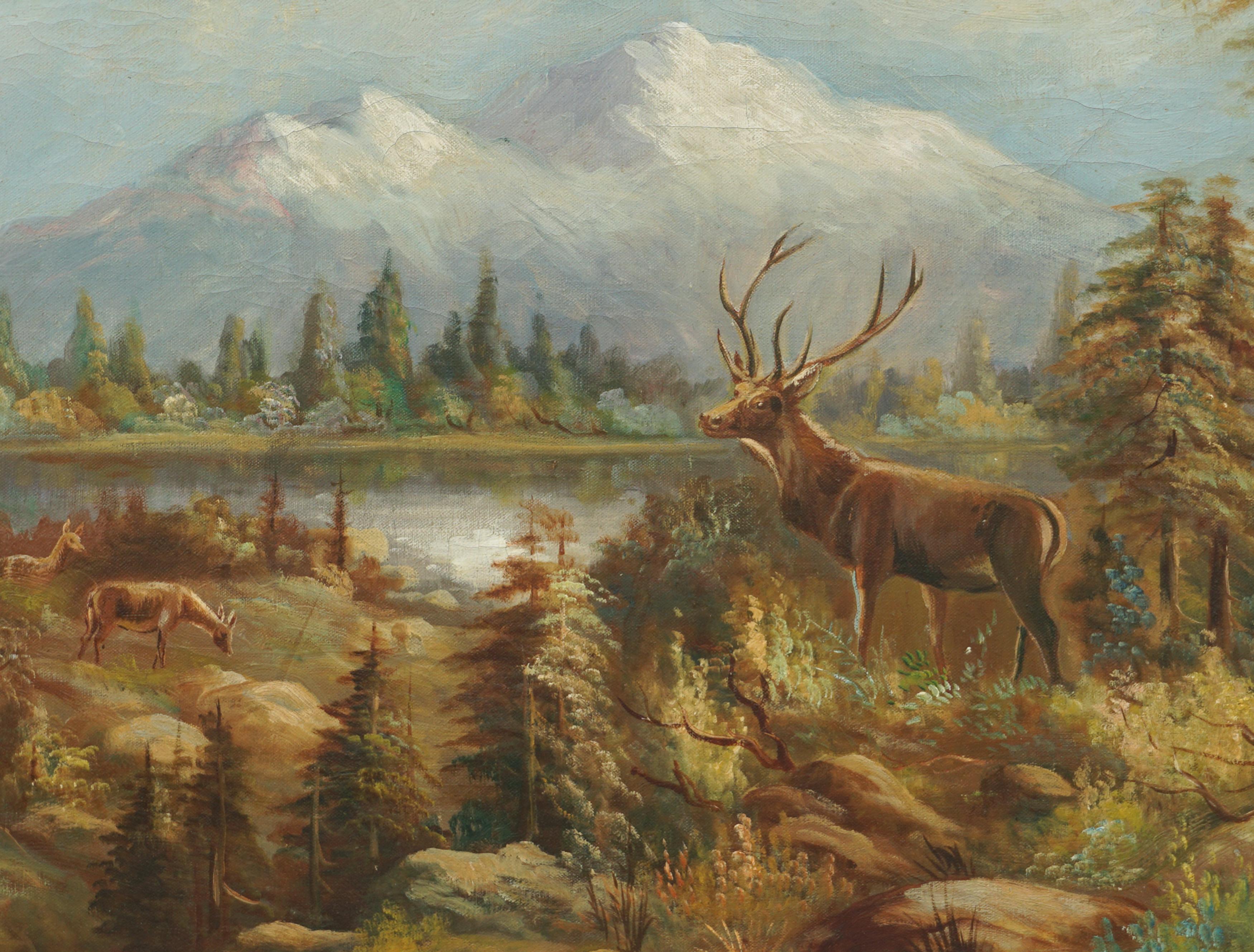 Stag and Does, Mt Hood Landscape - Painting by William M. Lemos