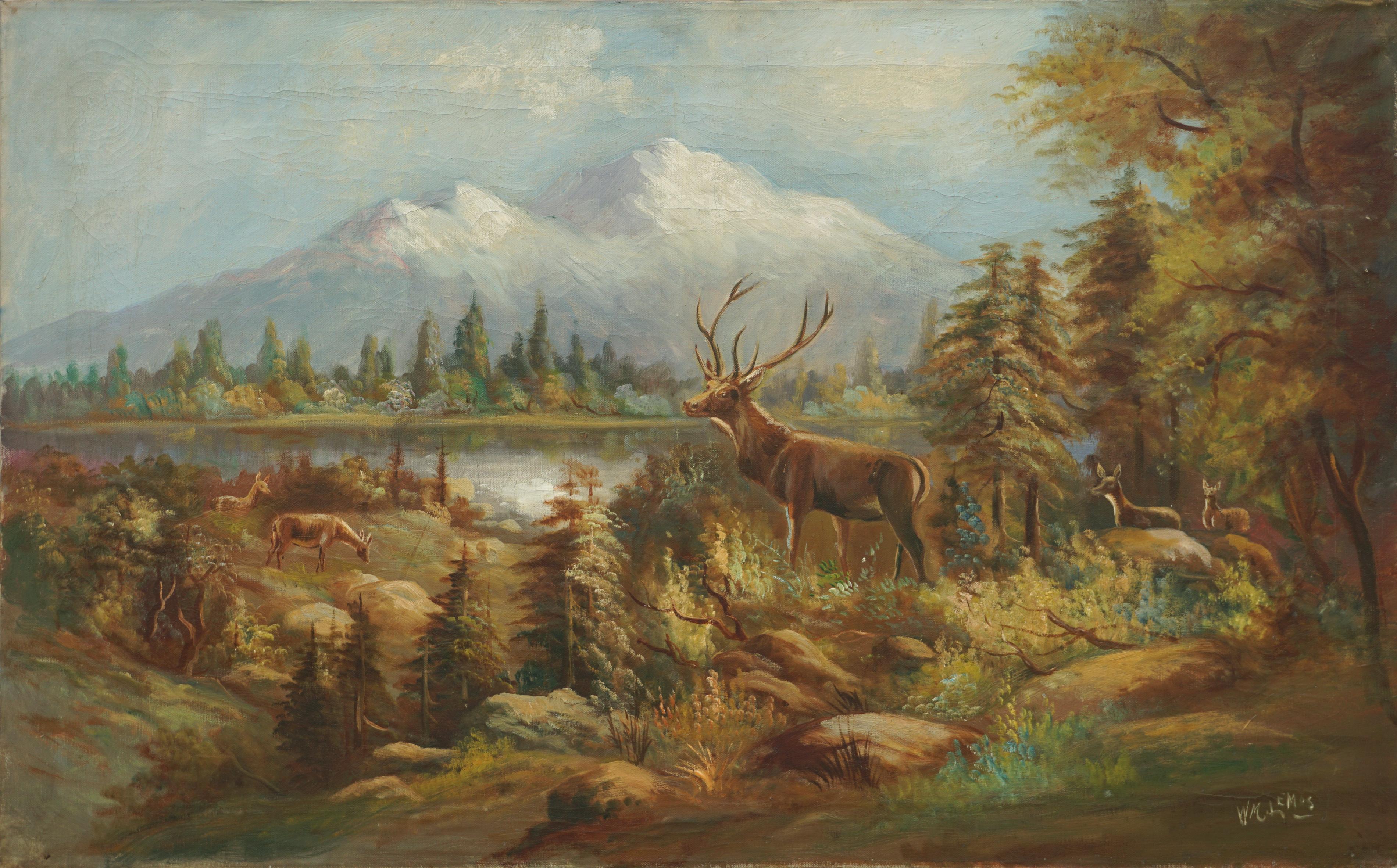 William M. Lemos Animal Painting - Stag and Does, Mt Hood Landscape