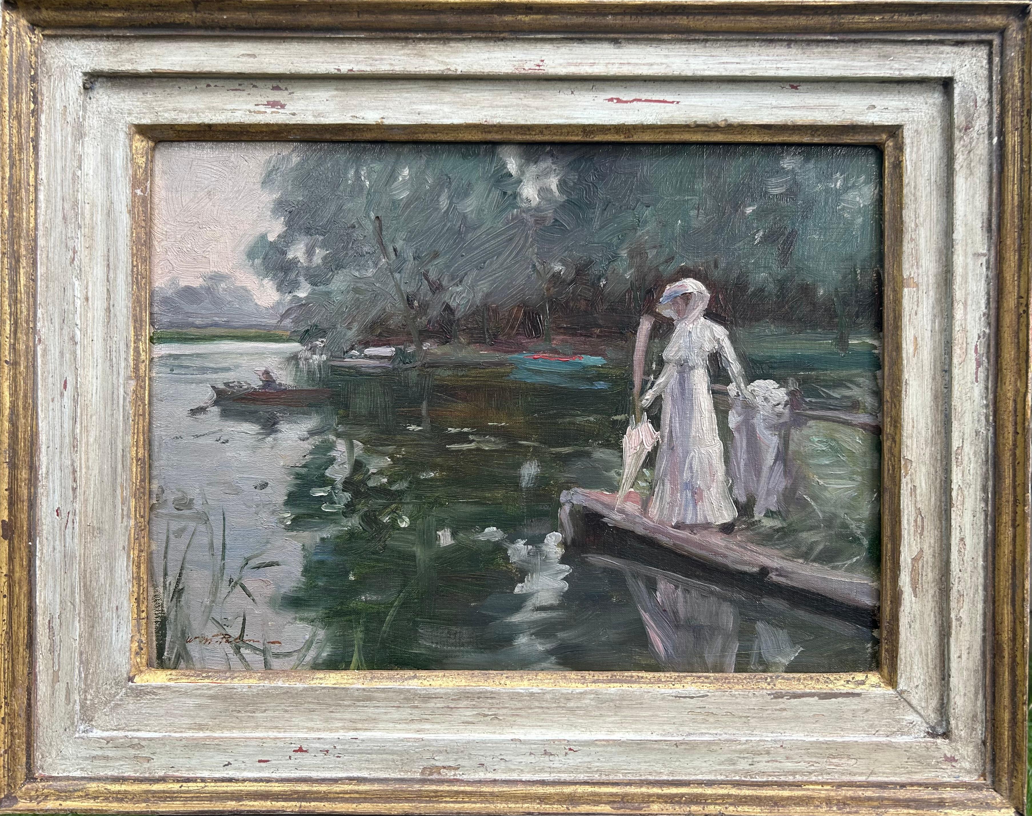 William M Palin
The Ferry
1862-1947
Oil on board, signed lower left, signed and dated '1912' verso
Image Size: 10 x 13 1/2 inches (25.2 x 34.5 cm)
Contemporary-style frame

This delightful artwork depicts a lady in a white dress with a parasol as