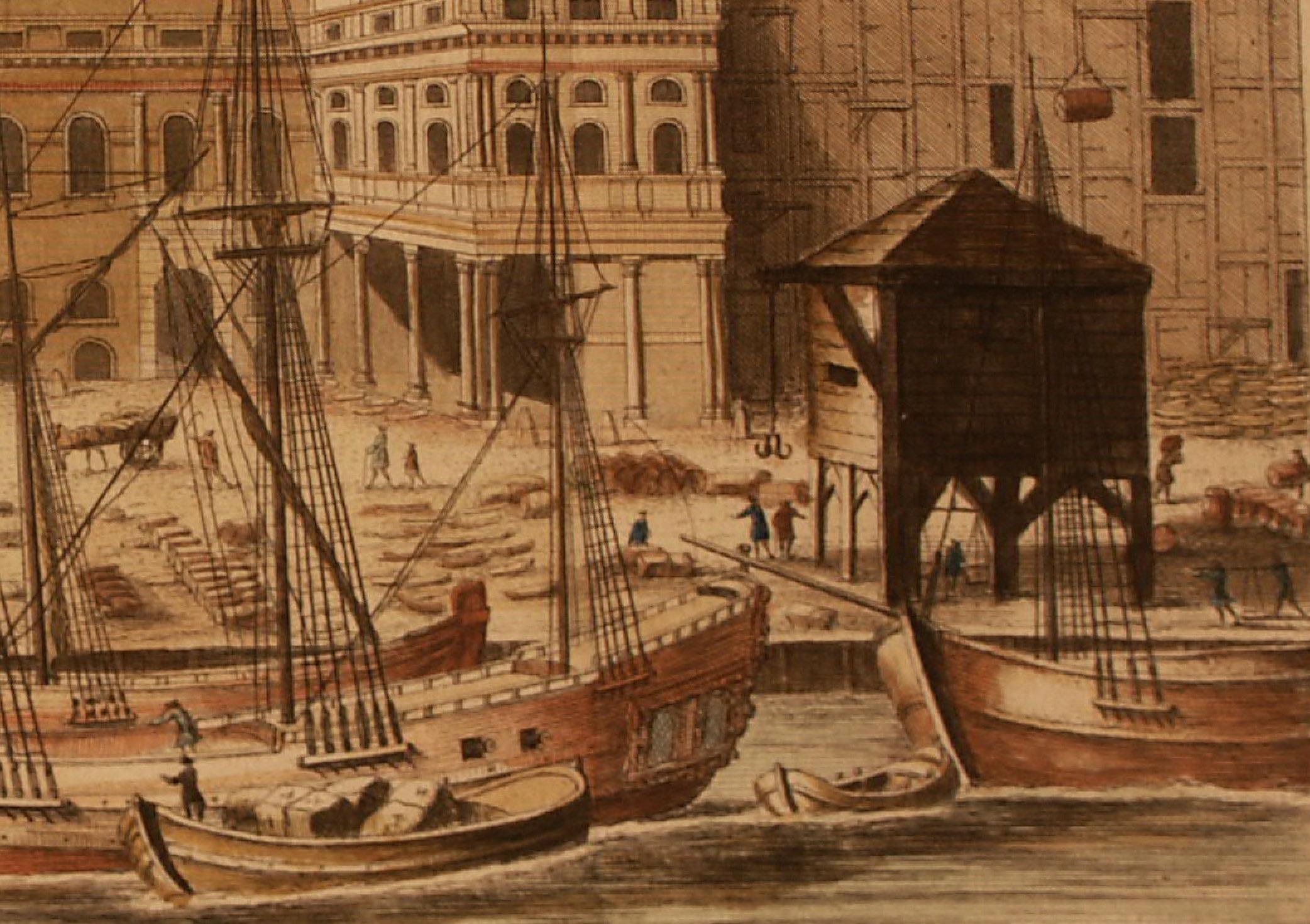 Impression, colorée à la main, plaque de cuivre, gravée, London Bridge, William Maitland, 1739 en vente 3