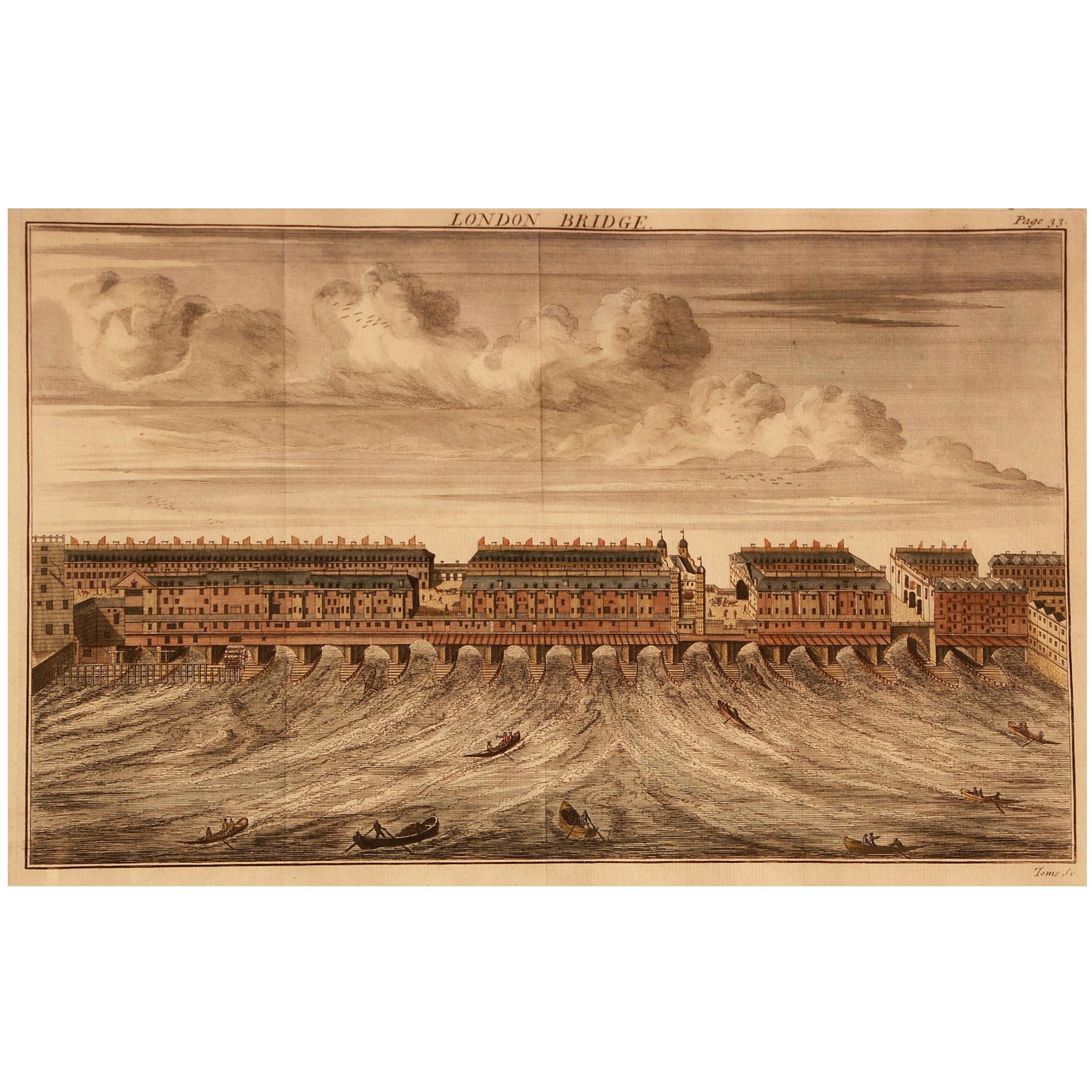Druck, handkoloriert, Kupferplatte, graviert, London Bridge, William Maitland, 1739