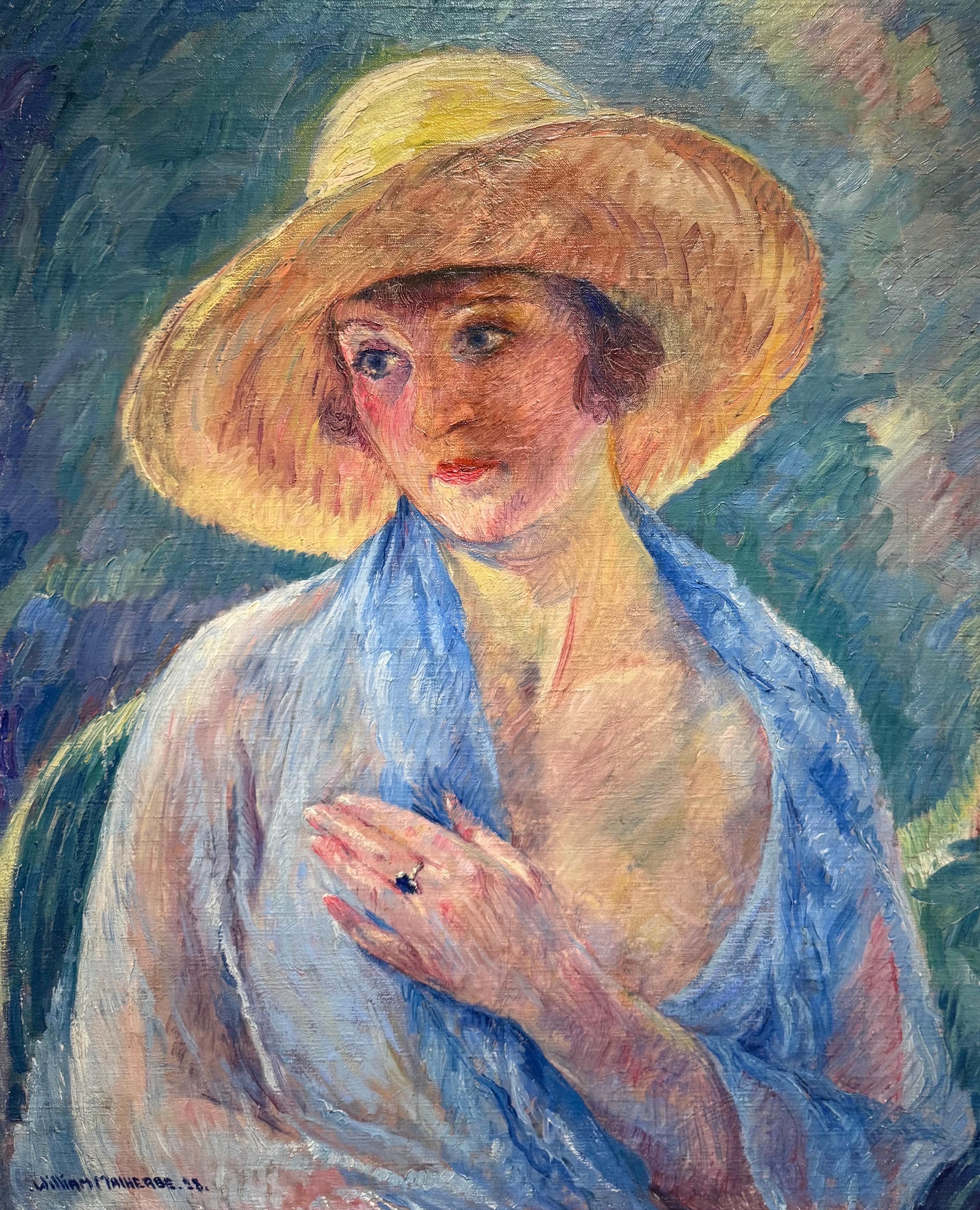 1928 Antique VERMONT Pintura Retrato Postimpresionista Francés Americano - Portrait Painting Gris de William Malherbe