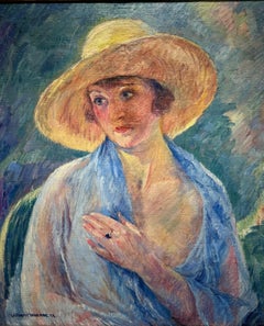 1928 Antique French Post Impressionist VERMONT Pittura Ritratto Americano