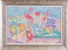 A bright, French, early 20th Century oil painting still life, flowers and fruit
