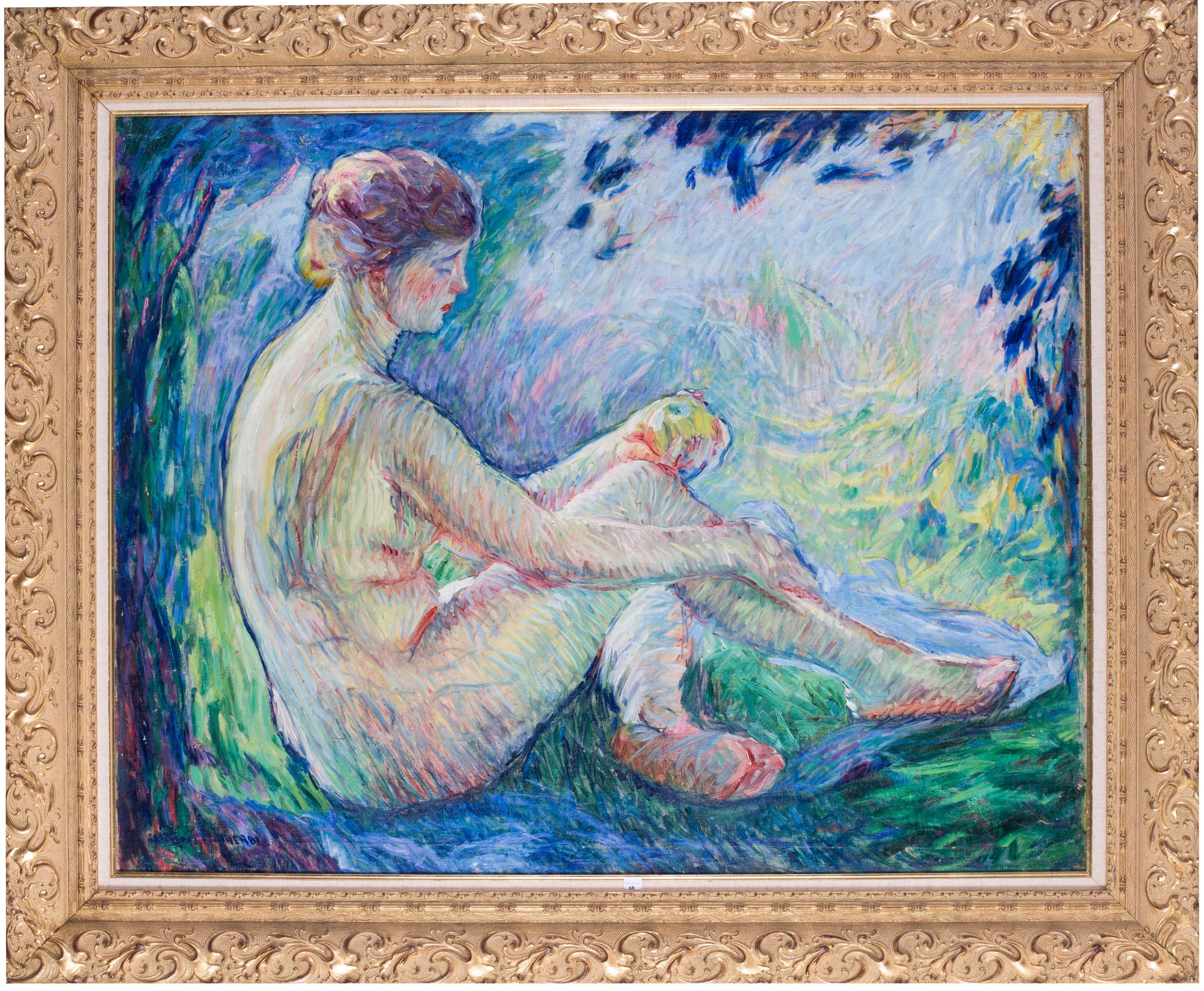 William Malherbe (francese, 1884 - 1955)
Eva (reclinata)
Olio su tela
31.3/8 x 40 in. (79.7 x 101.7 cm.)
Firmato 'William Malherbe' (in basso a sinistra)

William Malherbe era un pittore francese post impressionista nato nel 1884. Il suo successo