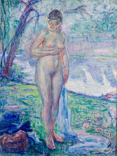 Grande quadro post impressionista francese raffigurante un nudo sotto il sole estivo