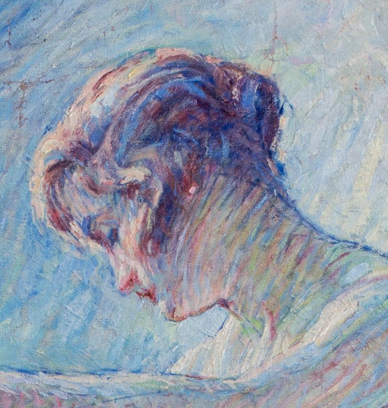 Large French Post Impressionist painting of a nude with blue tones by Malherbe - Painting by William Malherbe
