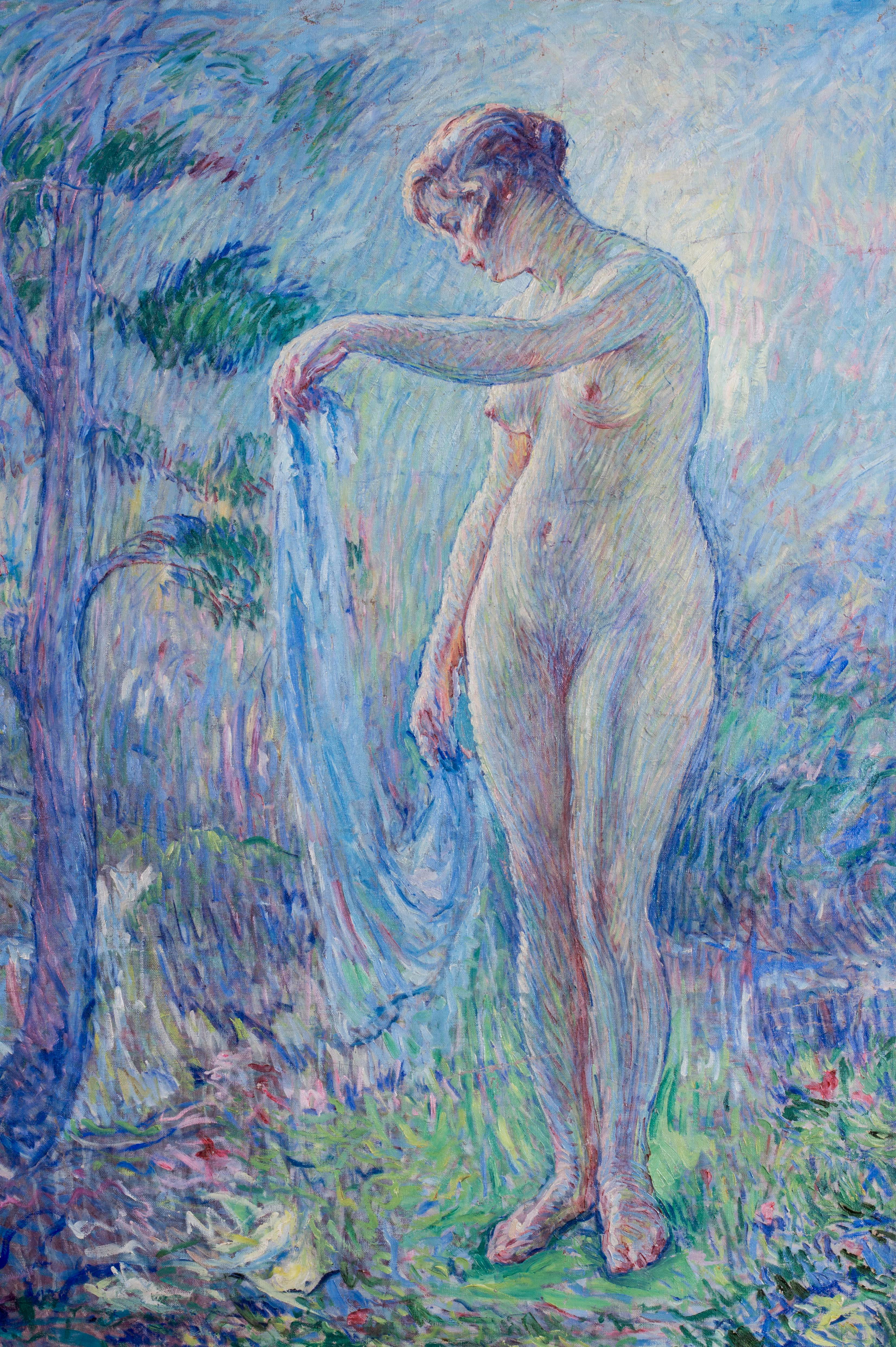 Großes französisches postimpressionistisches Gemälde eines nackten Akts in Blautönen von Malherbe (Grau), Nude Painting, von William Malherbe