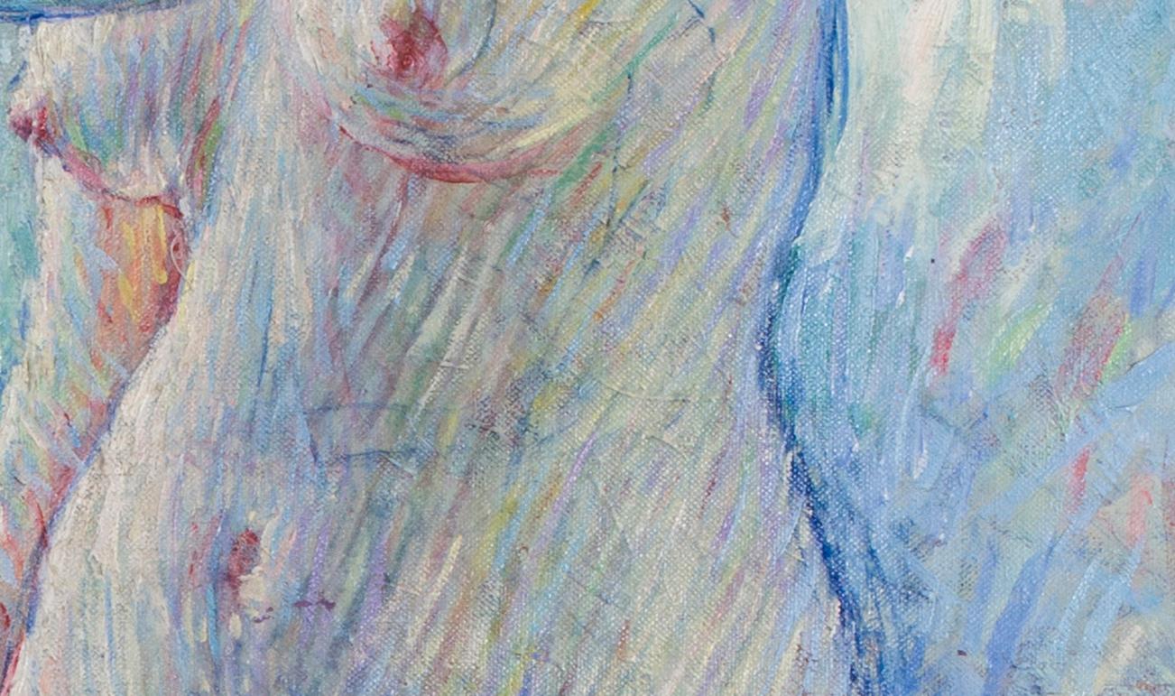 Large French Post Impressionist painting of a nude with blue tones by Malherbe - Gray Nude Painting by William Malherbe