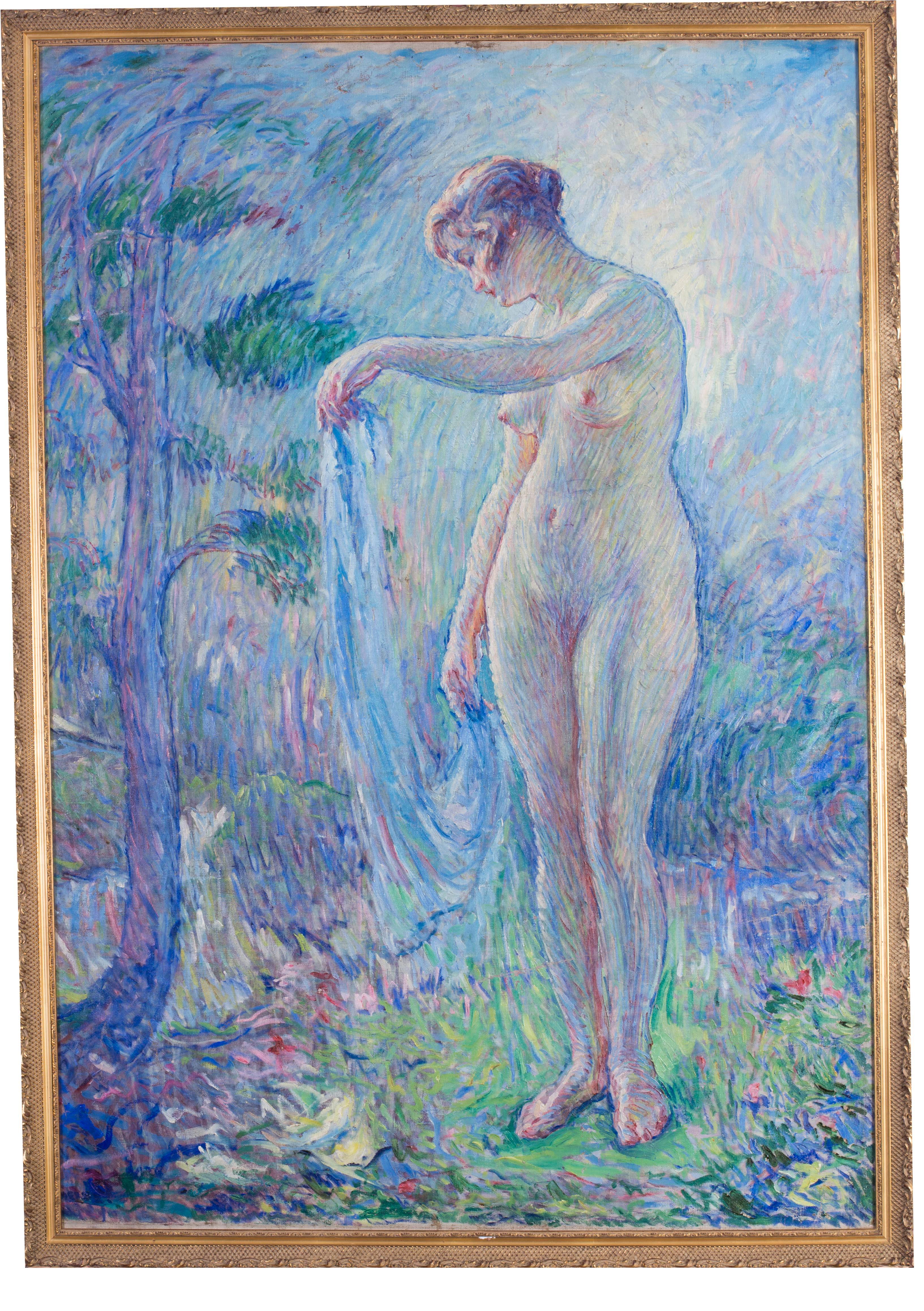 Grande dipinto post impressionista francese di un nudo dai toni blu di Malherbe