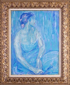 Original Impressionist oil painting of a beauty by William Malherbe, blue shades