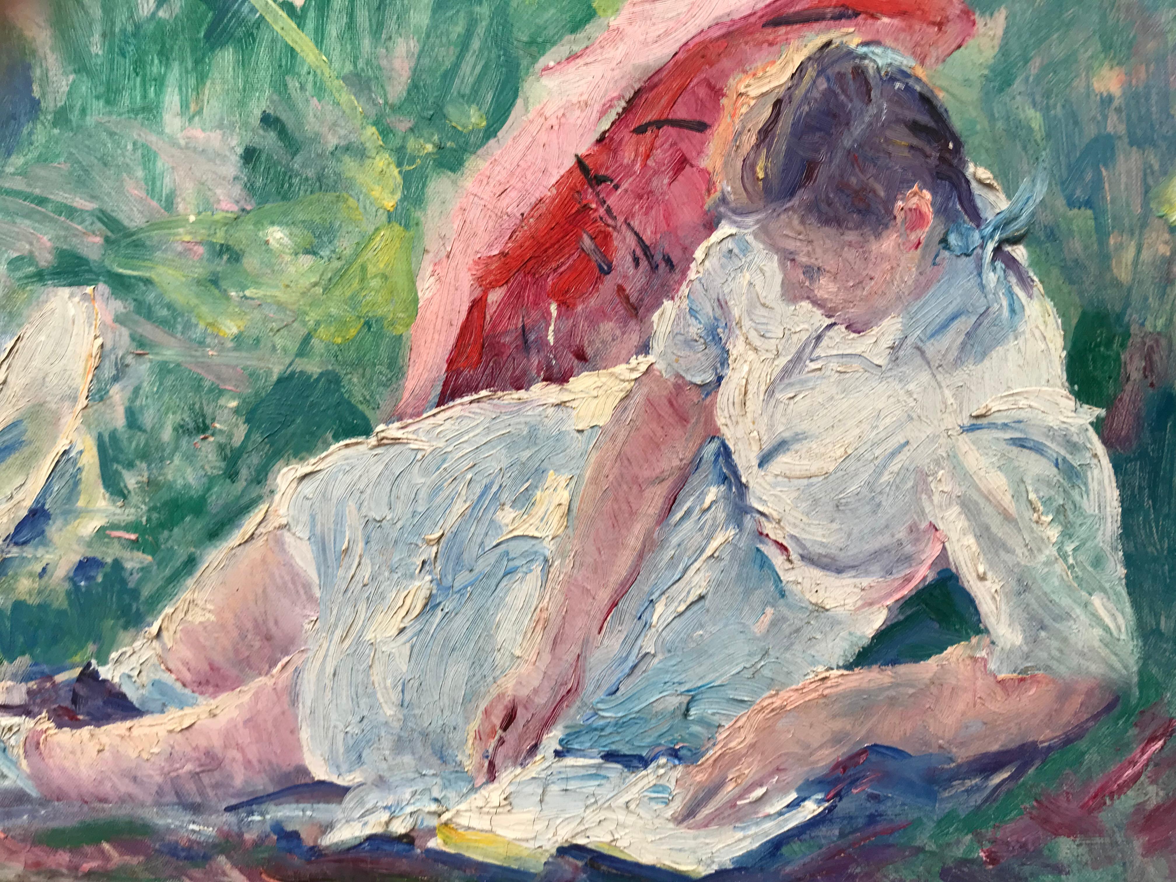 „Reclining Girl with Parasol“ (Post-Impressionismus), Painting, von William Malherbe