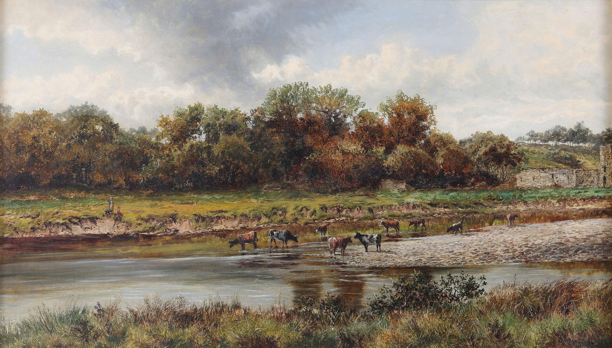 Cattle Grazing Near Rhyl, North Wales - Painting by William Mander