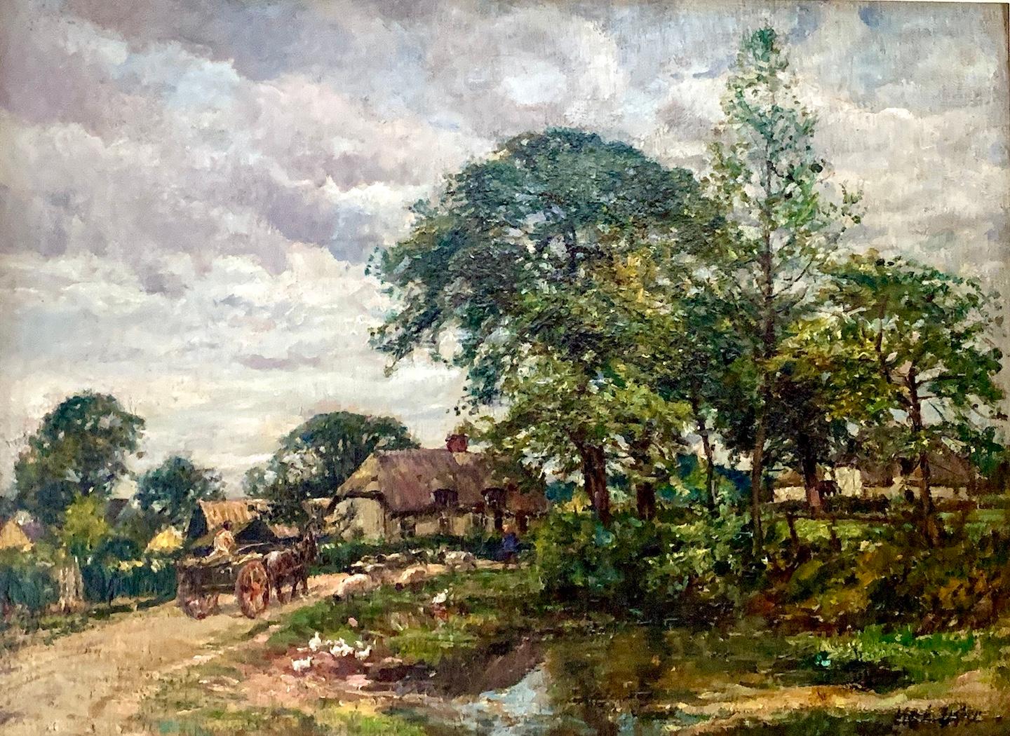 !9th century Impressionist landscape with a horse and cart in a Village - Painting by William Mark Fisher