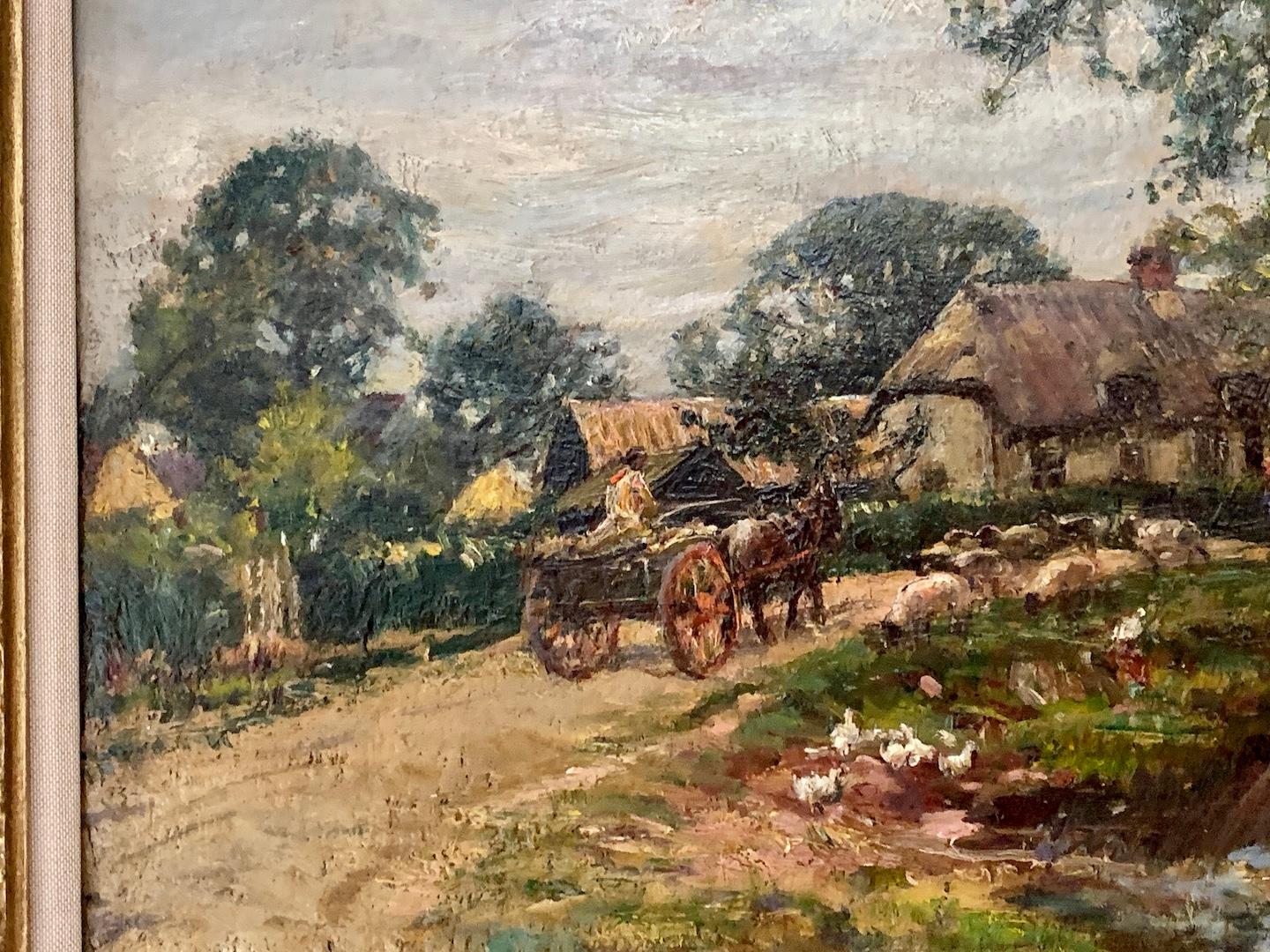 Impressionistische Landschaft des 9. Jahrhunderts mit Pferd und Wagen in einem Dorf (Braun), Figurative Painting, von William Mark Fisher