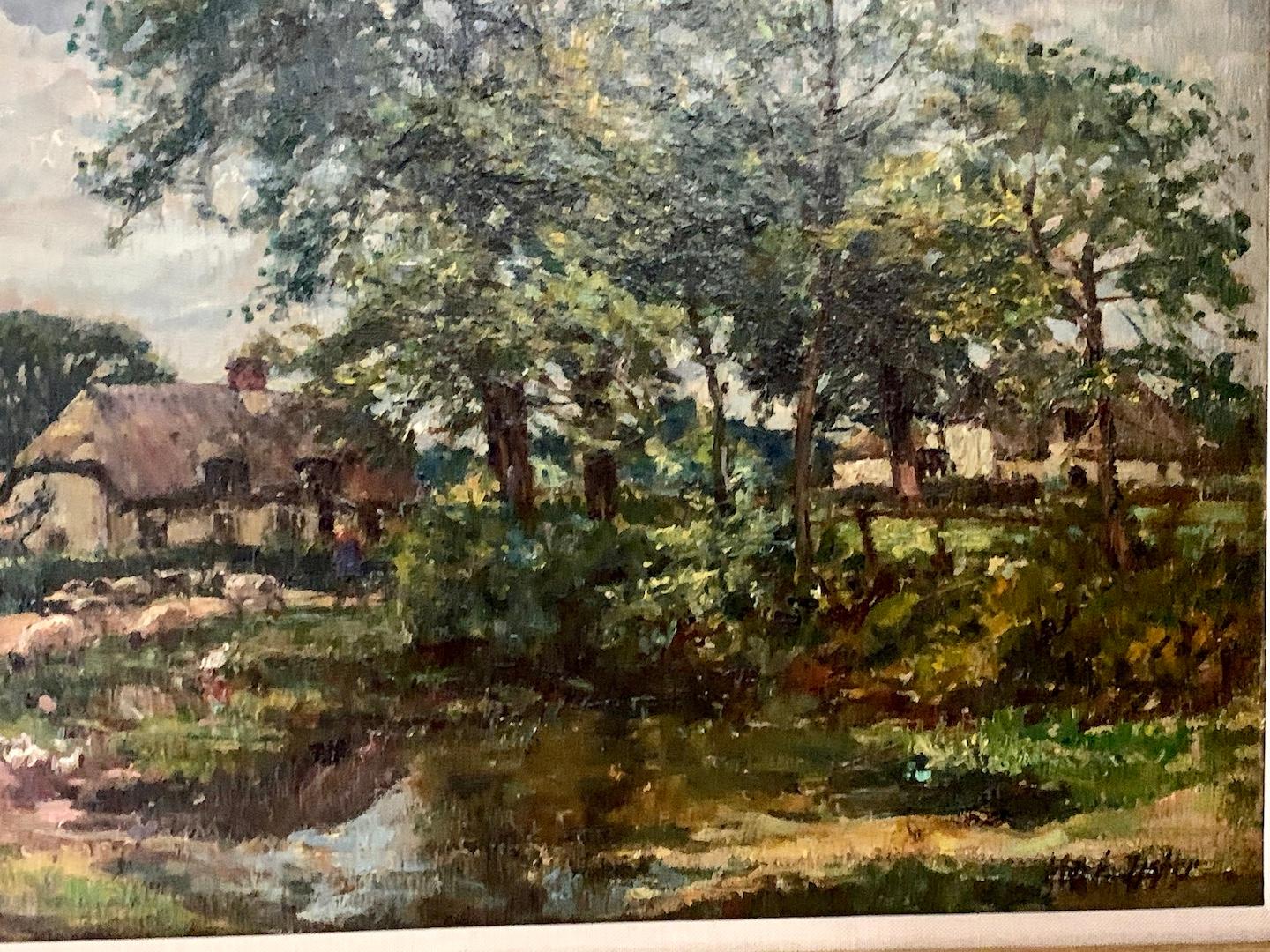!9th century Impressionist landscape with a horse and cart in a Village - Brown Figurative Painting by William Mark Fisher