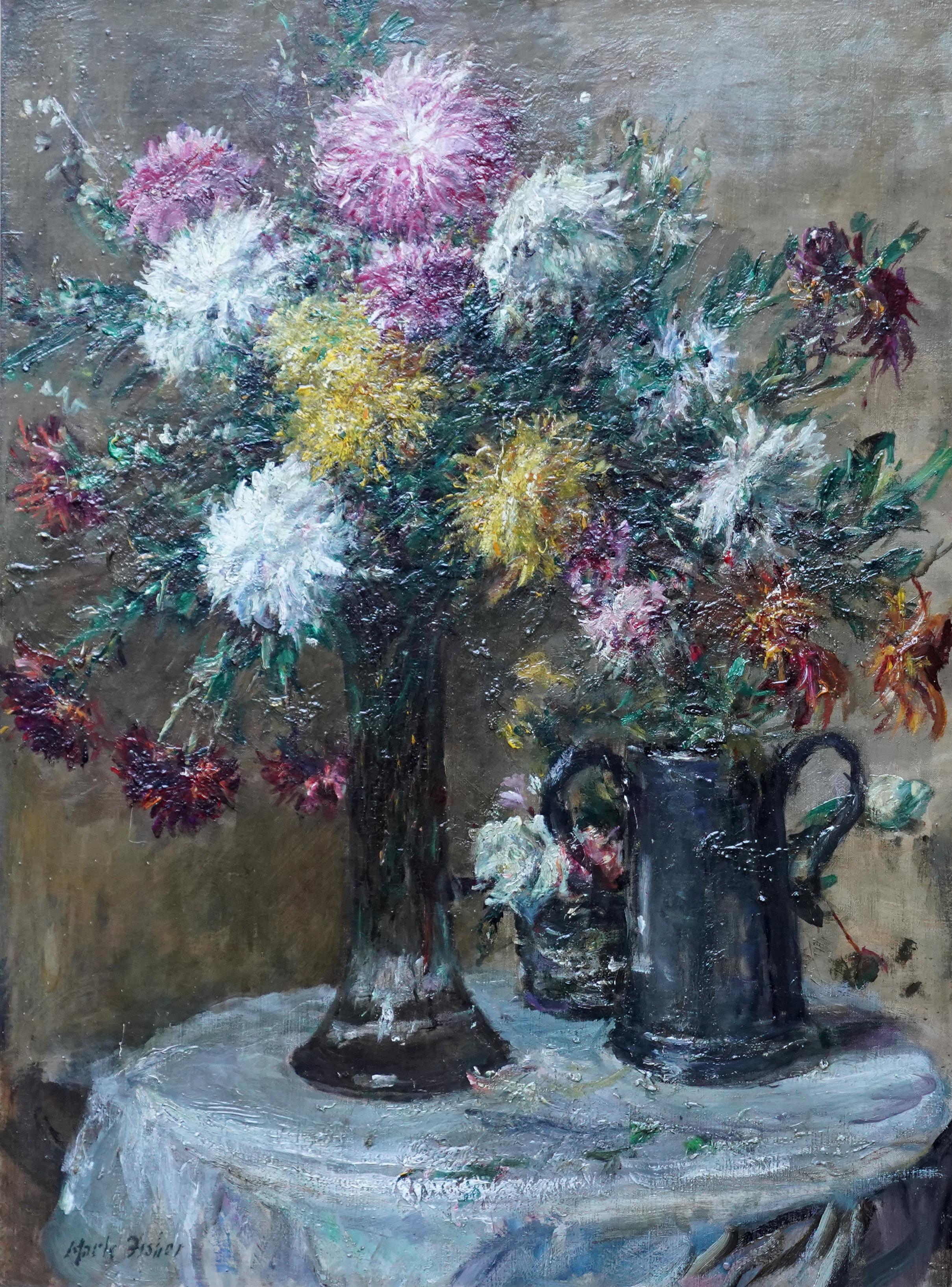 Chrysanthemums - British Victorian Impressionist art exhib floral oil painting - Painting by William Mark Fisher