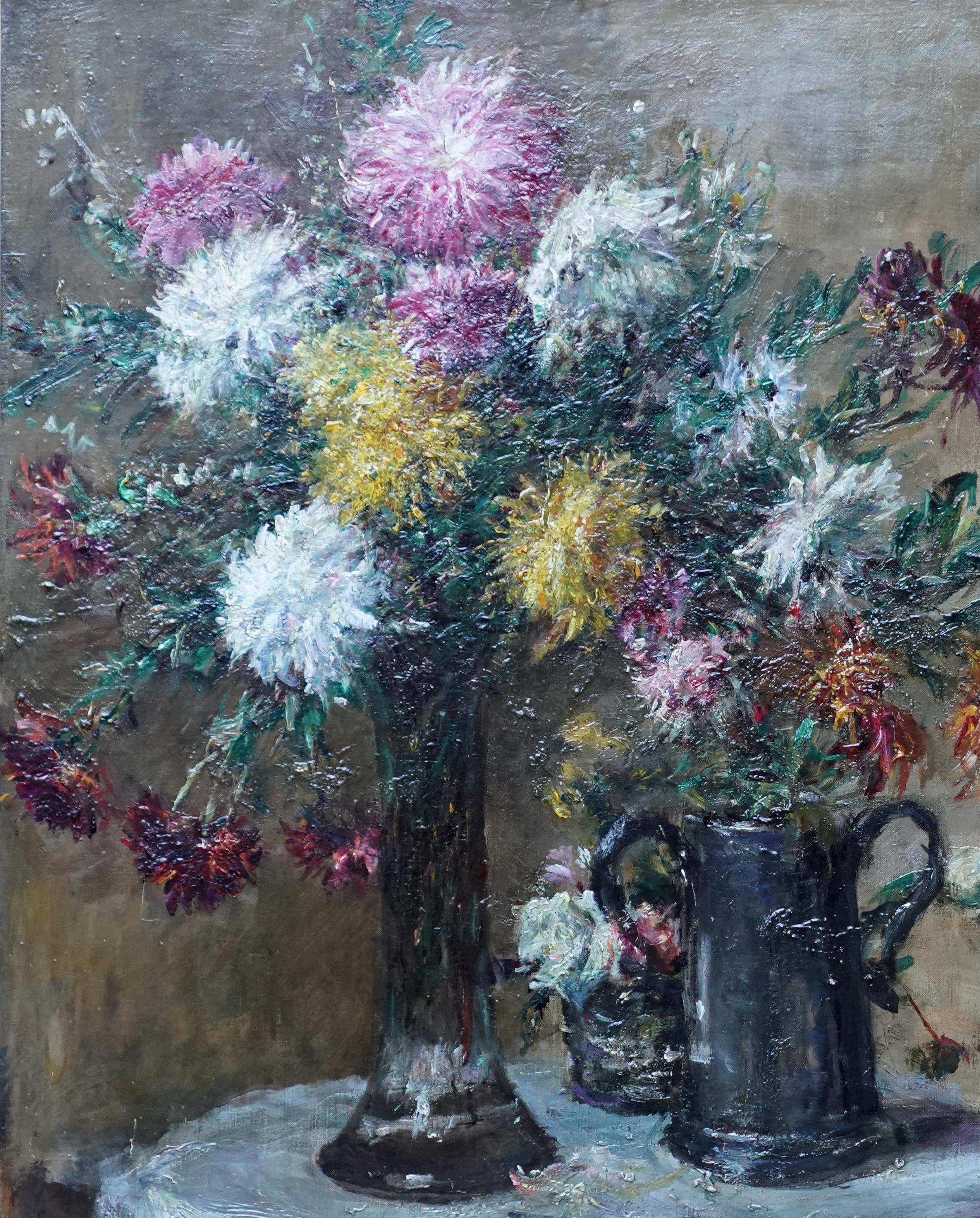 This vibrant exhibited Victorian Impressionist floral oil painting is by noted British American Royal Academy artist Mark Fisher. Painted circa 1895 it is a stunning Impressionist floral display of multi coloured autumnal chrysanthemums in a glass