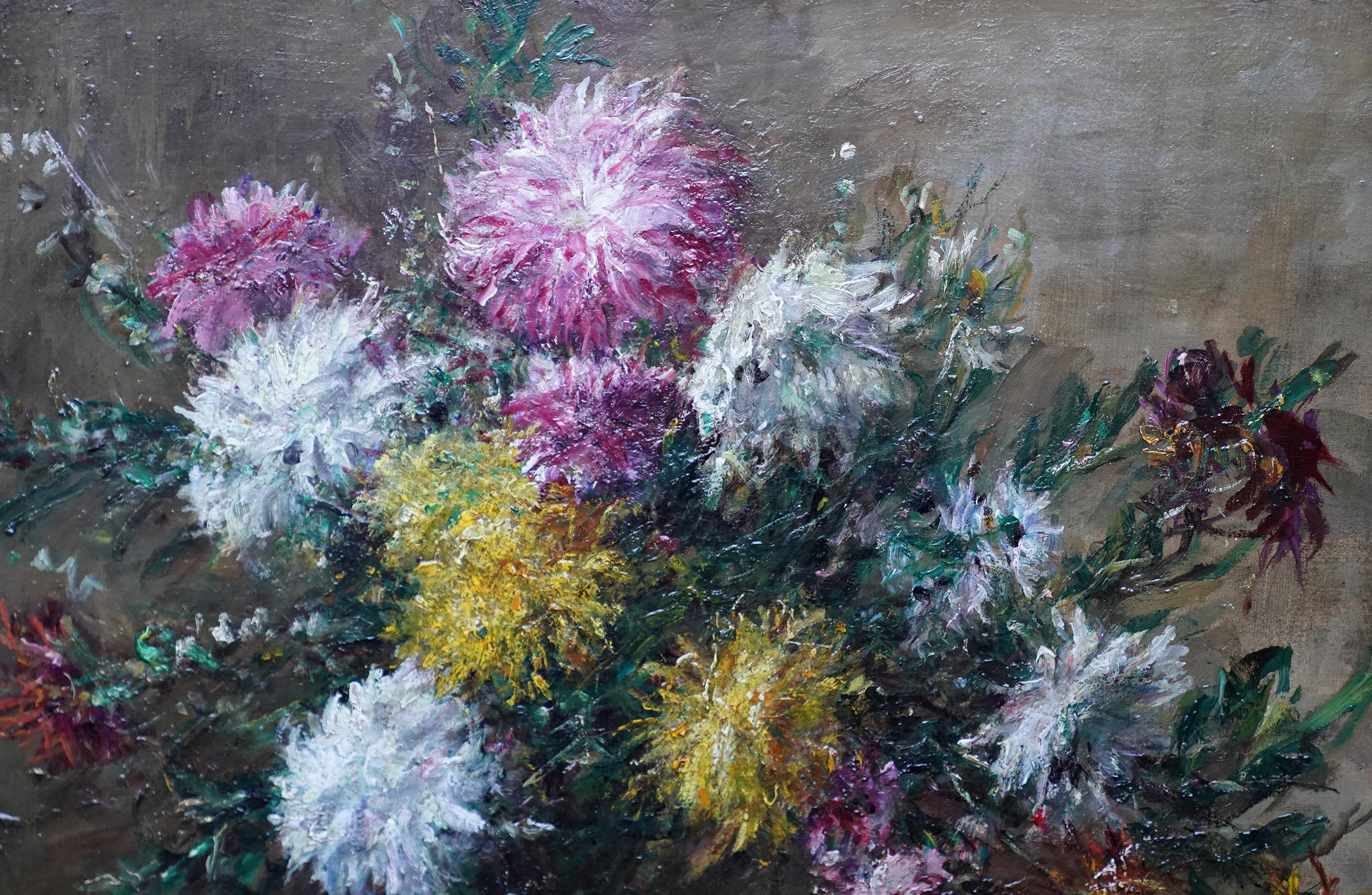 Chrysanthemums - British Victorian Impressionist art exhib floral oil painting For Sale 1