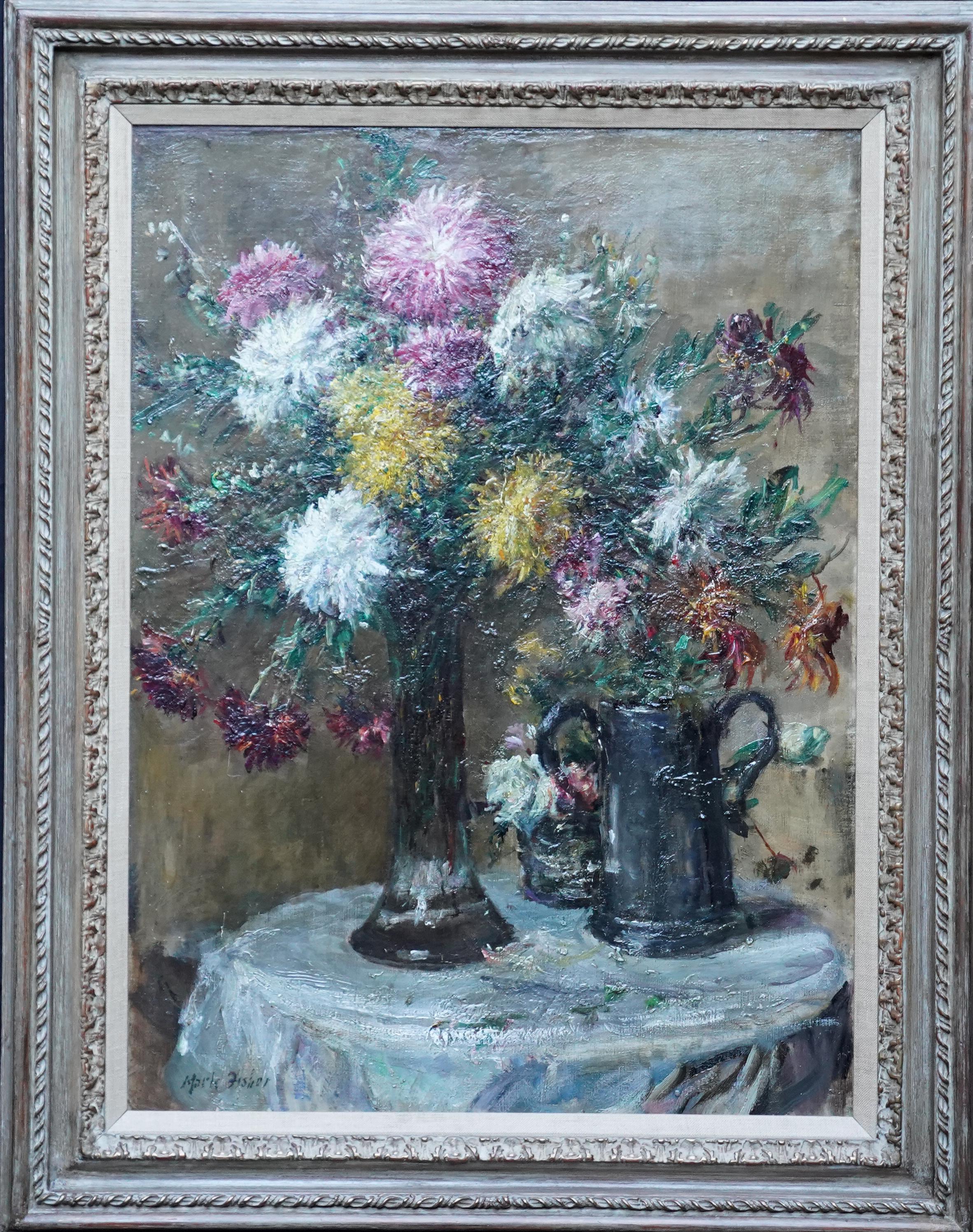 William Mark Fisher Still-Life Painting - Chrysanthemums - British Victorian Impressionist art exhib floral oil painting